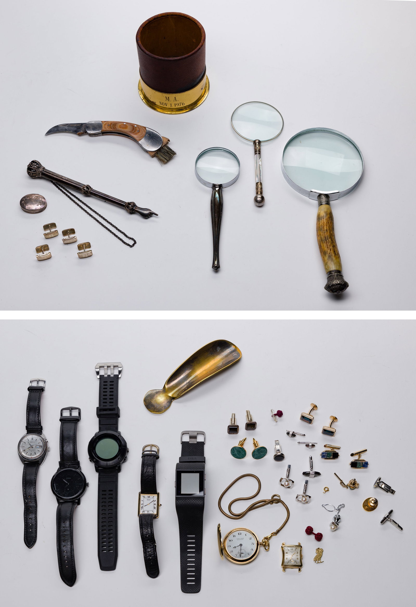 Sterling Silver and Costume Jewelry Assortment: Sterling Silver and Costume Jewelry Assortment Various items including (2) pairs of cufflinks, a pill box and pointer (unmarked 925) as well as approximately (4) pounds of various items such as