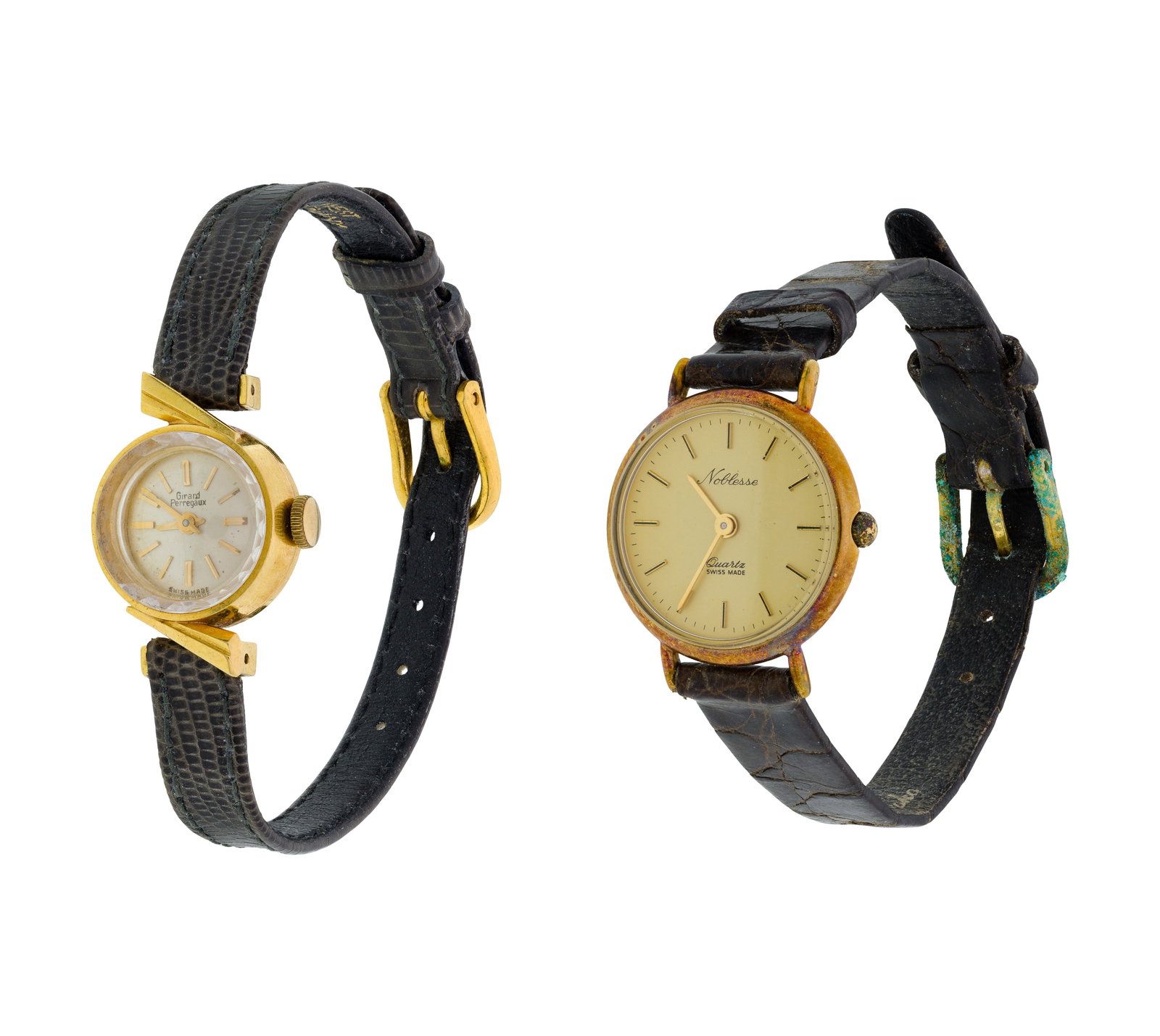 18k and 14k Yellow Gold Case Wristwatches: 18k and 14k Yellow Gold Case Wristwatches (2) items including a Grand Perregeax having a round case and champagne dial on a leather band (marked '18k' / '750' inside back of case) as well as a