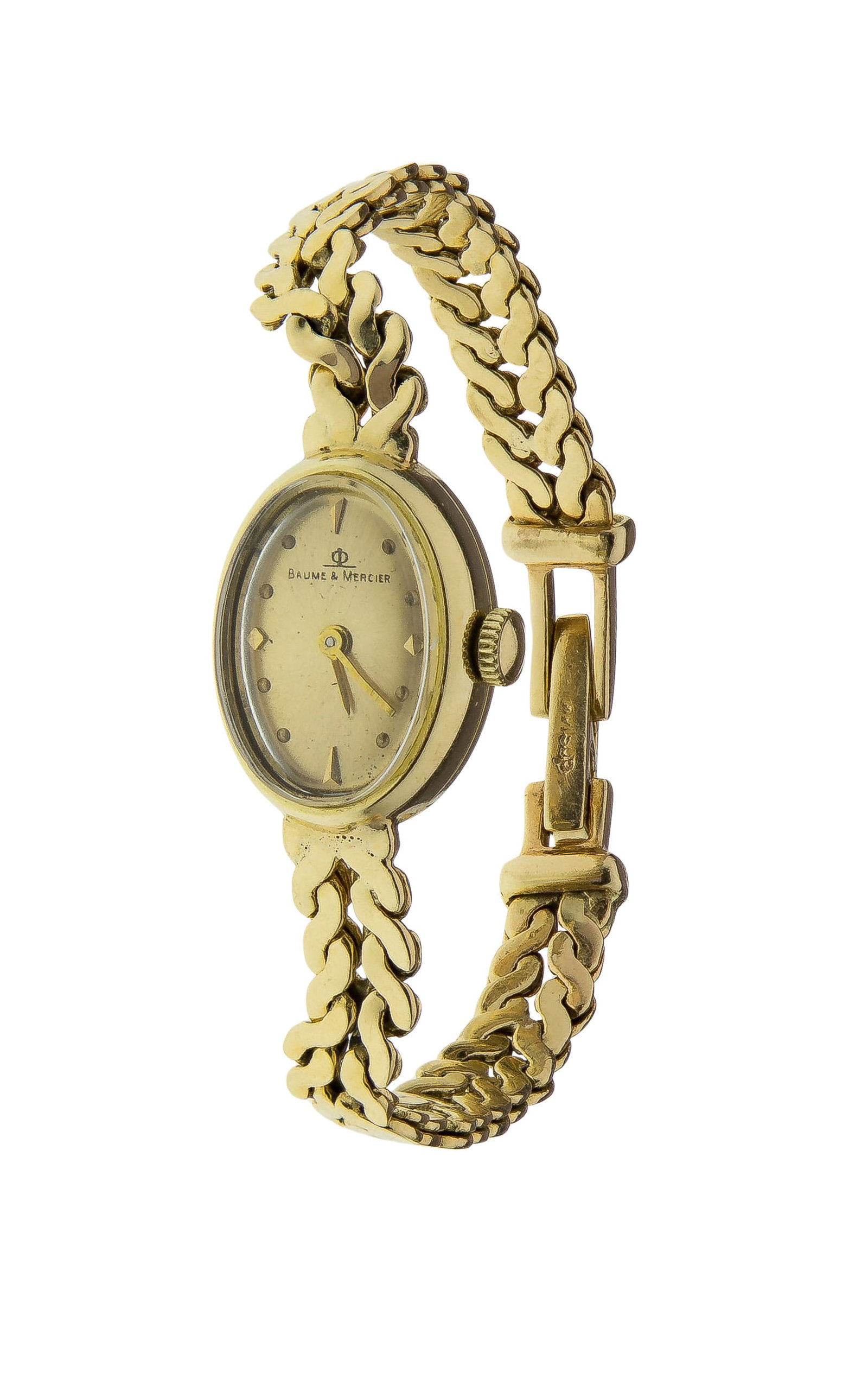 Baume & Mercier 14k Yellow Gold Case and Band Wristwatch: Baume & Mercier 14k Yellow Gold Case and Band Wristwatch Having an oval gold-tone dial, baton hands, 17-jewel movement and integrated bracelet (all marked '14k') Property from: a Private