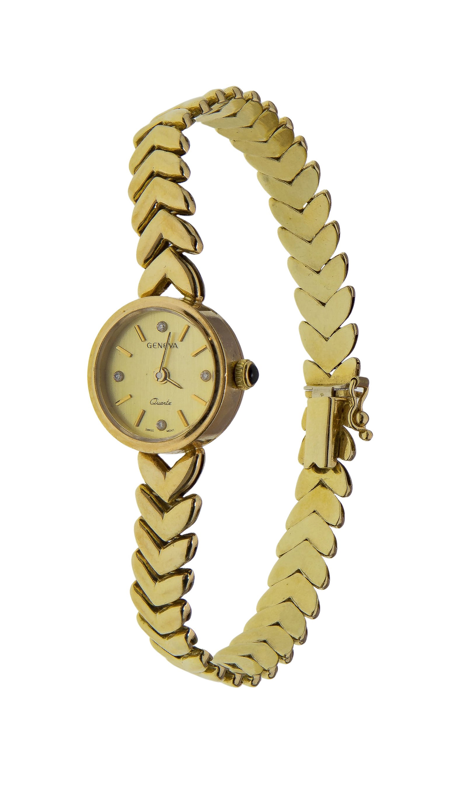 Geneva 14k Yellow Gold Case and Band Wristwatch: Geneva 14k Yellow Gold Case and Band Wristwatch Having a round case and gold-tone dial, integrated heart-shaped link band (marked '14k') Property from: a Private Collector, Peoria, Illinois Length: 7