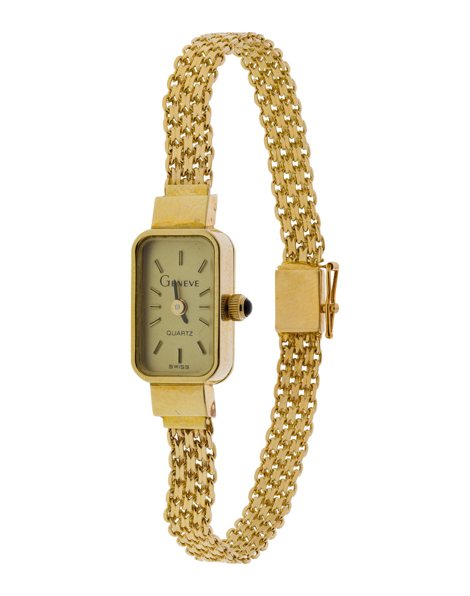 Geneve 14k Yellow Gold Case and Band Wristwatch: Geneve 14k Yellow Gold Case and Band Wristwatch Having a rectangular case, gold-tone dial and hands, on an integrated gold mesh band (marked '14k' on back of case) Property from: a Private