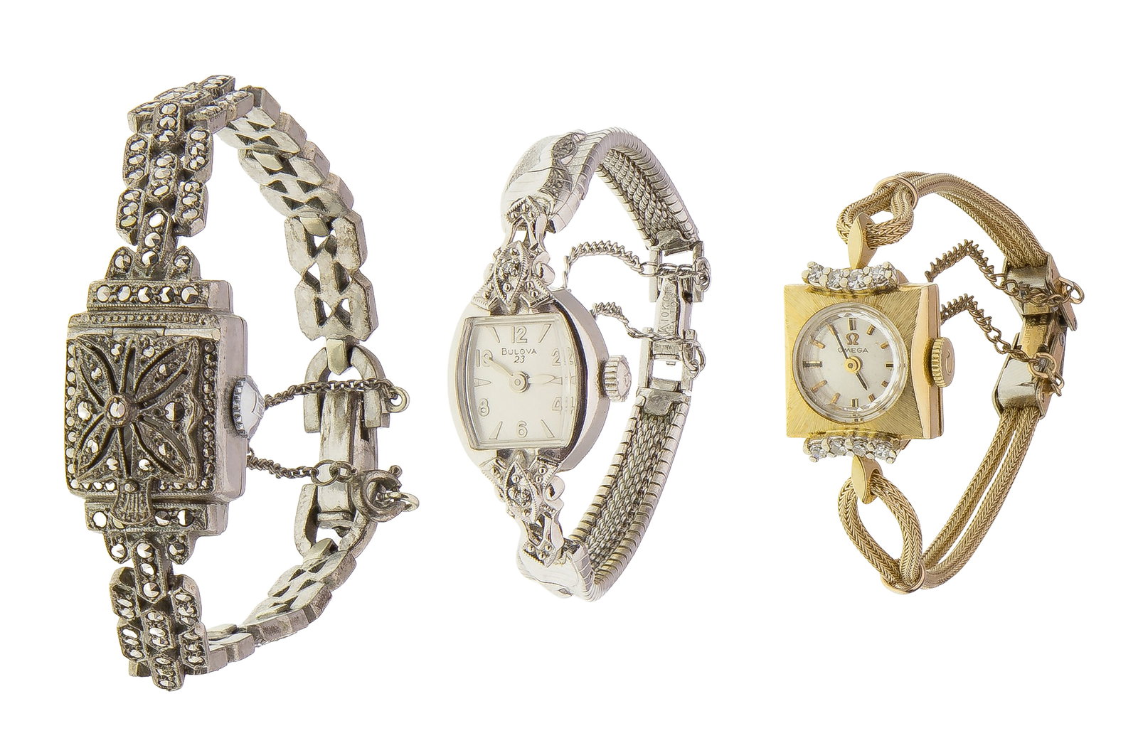 Omega 14k Yellow Gold and Diamond Case Wristwatch: Omega 14k Yellow Gold and Diamond Case Wristwatch (3) total items including an Omega cocktail watch having diamond accents (marked '14k') on a gold filled band; together with a cocktail watch by