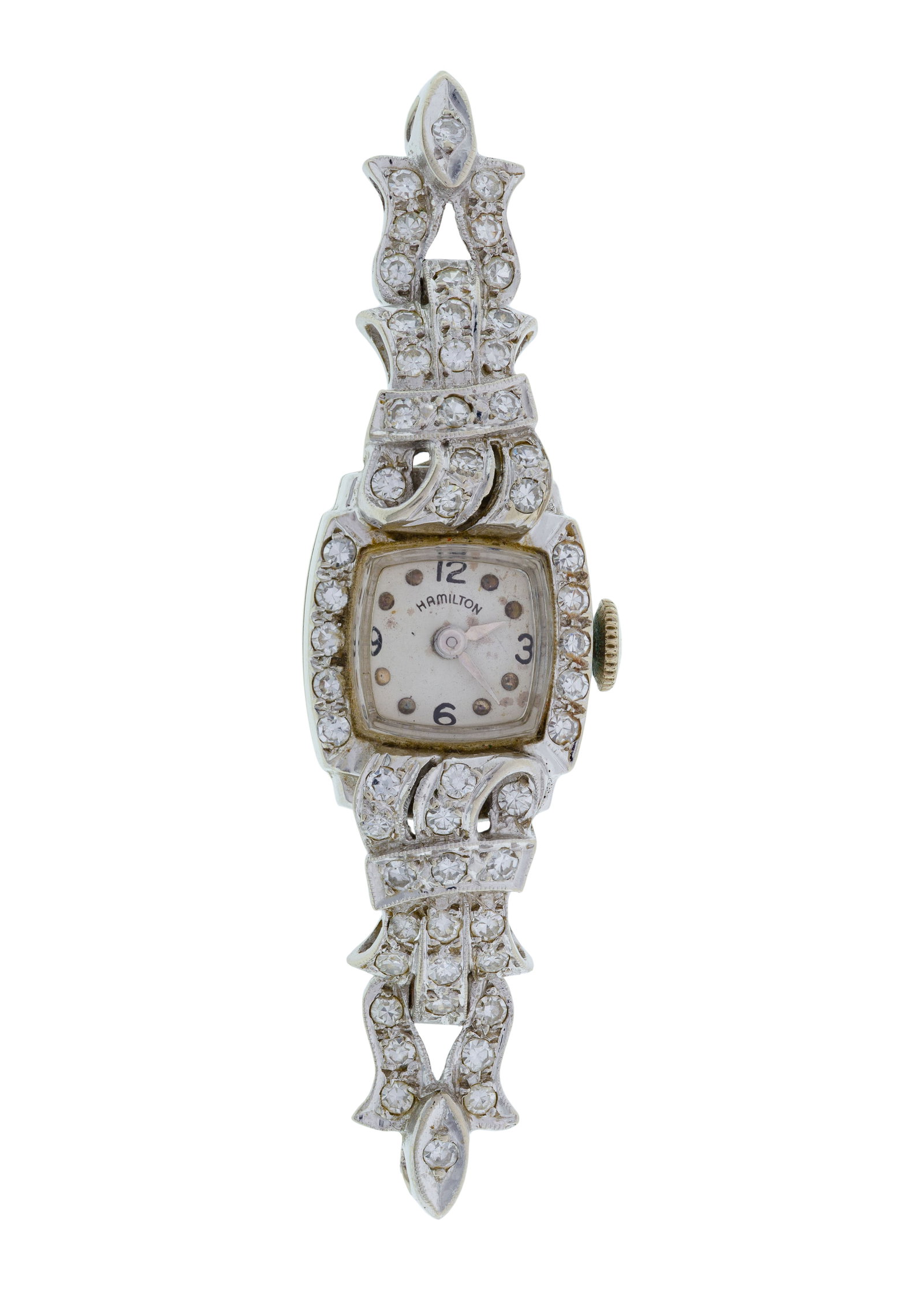 Hamilton 14k White Gold Case and Shoulders Wristwatch: Hamilton 14k White Gold Case and Shoulders Wristwatch Having a square white dial and diamond encrusted band shoulder (marked '14k' on back of case) Property from: TBD Length: 2 3/8 inches (shoulder) S