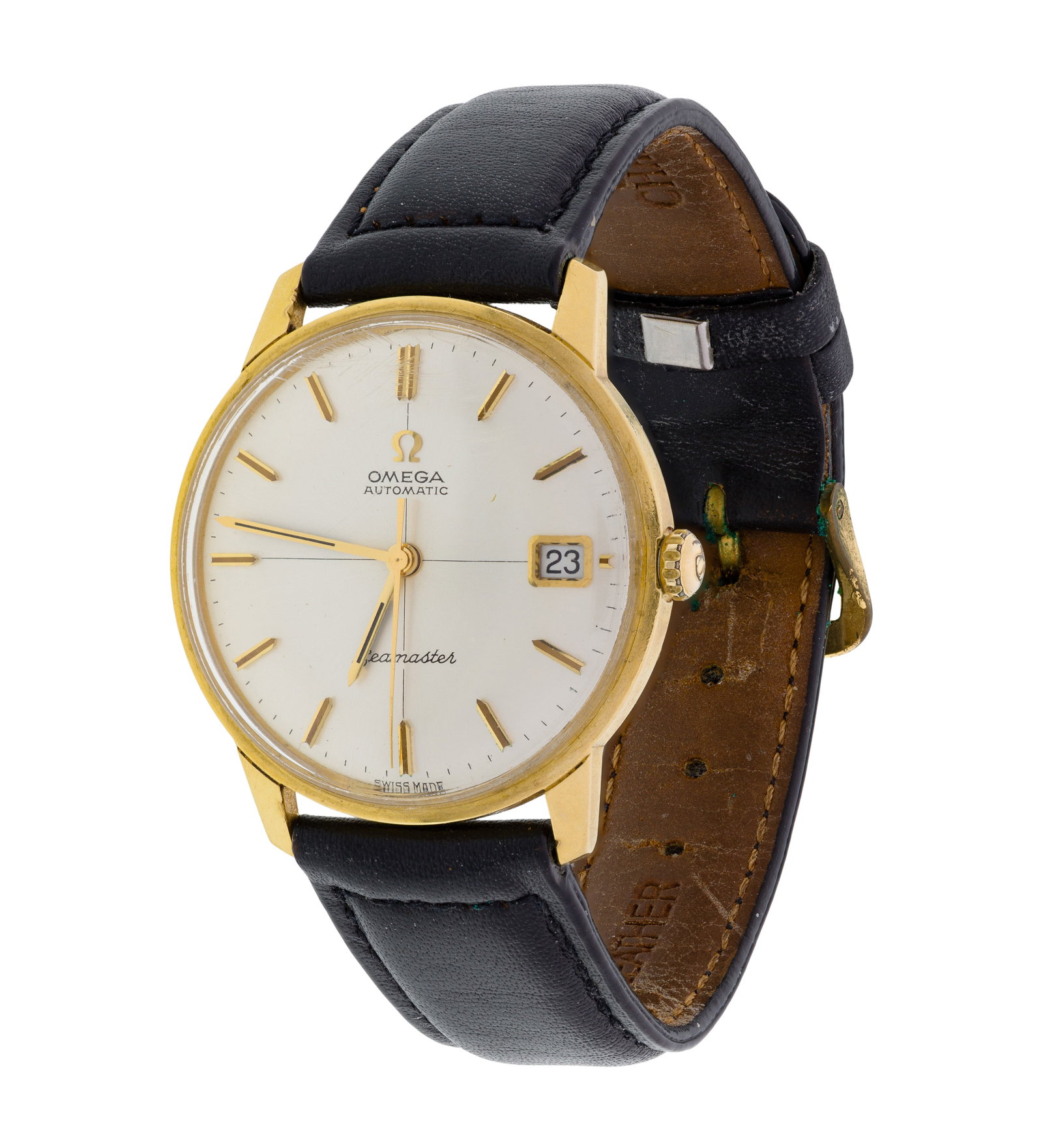 Omega Seamaster 18k Yellow Gold Case Wristwatch: Omega Seamaster 18k Yellow Gold Case Wristwatch Automatic, champagne dial, raised gold-tone hour-signs, gold-tone baton hands on a black leather band (marked '18k') Property from: a Private Collector,
