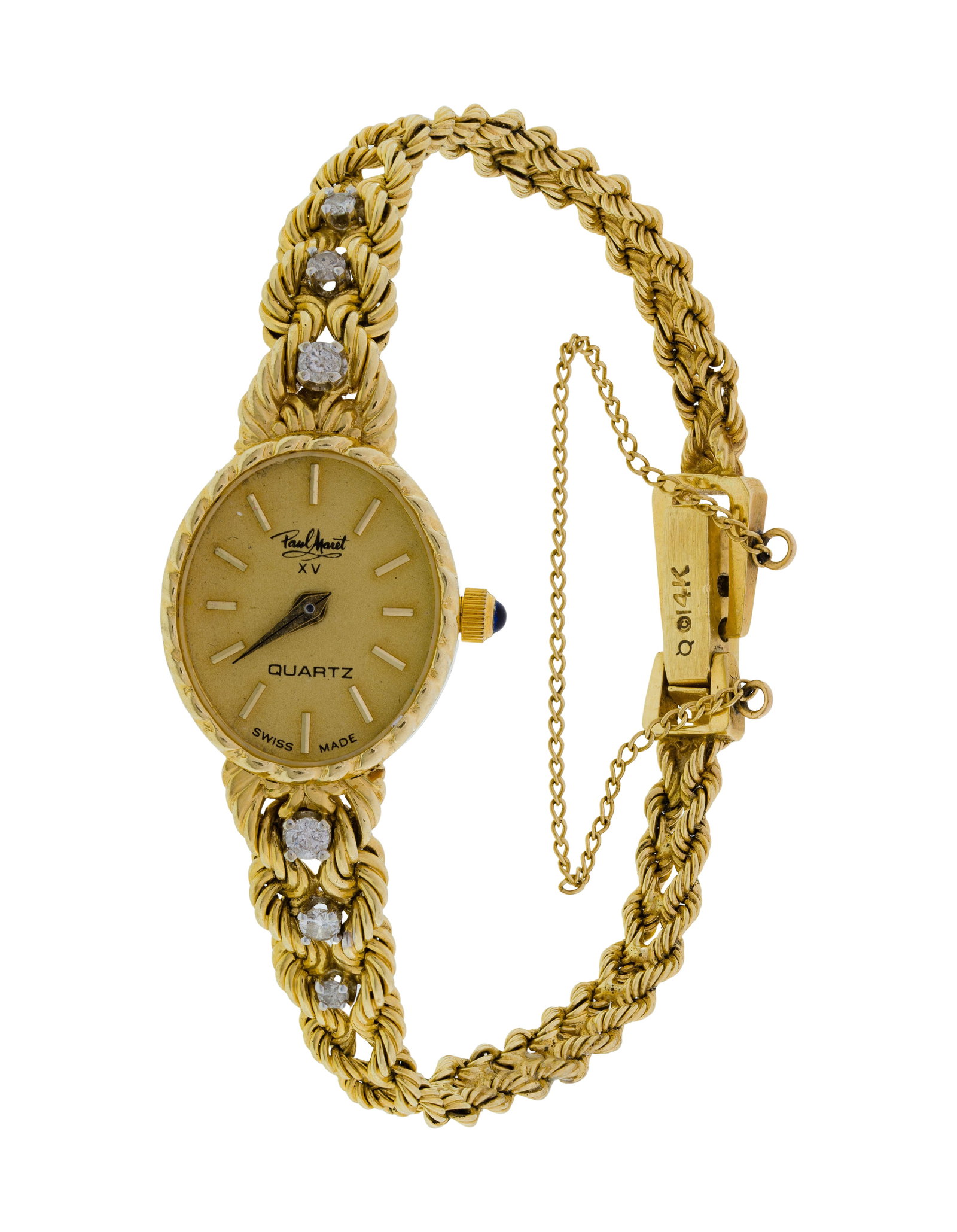 Paul Maret XV 14k Yellow Gold Case and Band Wristwatch: Paul Maret XV 14k Yellow Gold Case and Band Wristwatch An oval gold-tone face on an integrated band having three round accent diamonds on each side (marked '14k' on back of case and clasp) 
