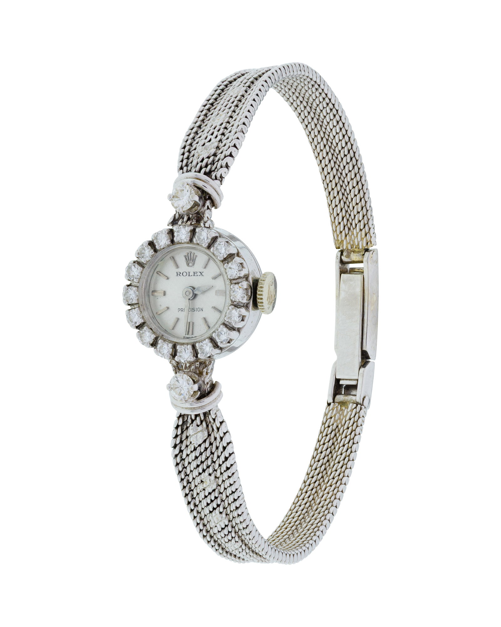 Rolex Precision 18k White Gold Case and Band Wristwatch: Rolex Precision 18k White Gold Case and Band Wristwatch A cocktail watch having a bezel encircled with round cut diamonds and flanked on both sides by round cut diamonds on an integrated mesh band