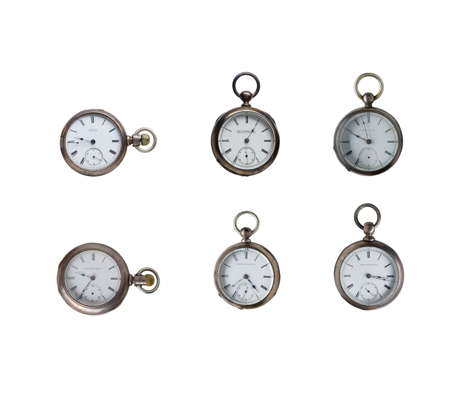 Elgin and Waltham Coin Silver (900) Cased Pocket Watch Assortment: Elgin and Waltham Coin Silver (900) Cased Pocket Watch Assortment (6) items including a Waltham open face case movement #1334496 dating to 1880, 11-jewel movement, size 18S, Wm Ellery, white dial havi