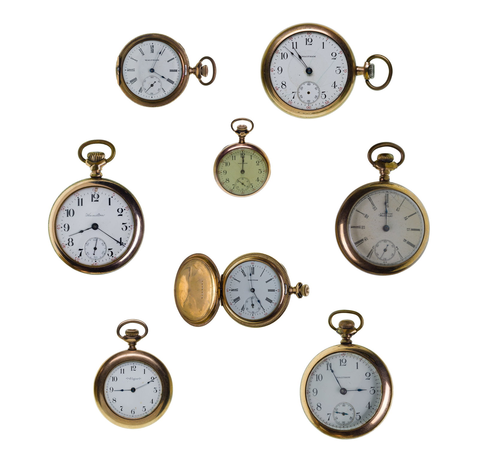 Gold-Filled Pocket Watch Assortment: Gold-Filled Pocket Watch Assortment (8) items including an Elgin open face case movement #9408996 dating to 1902, size 6-0S, 206, 75, white dial having Arabic numerals, black hands, pendant wind, pend