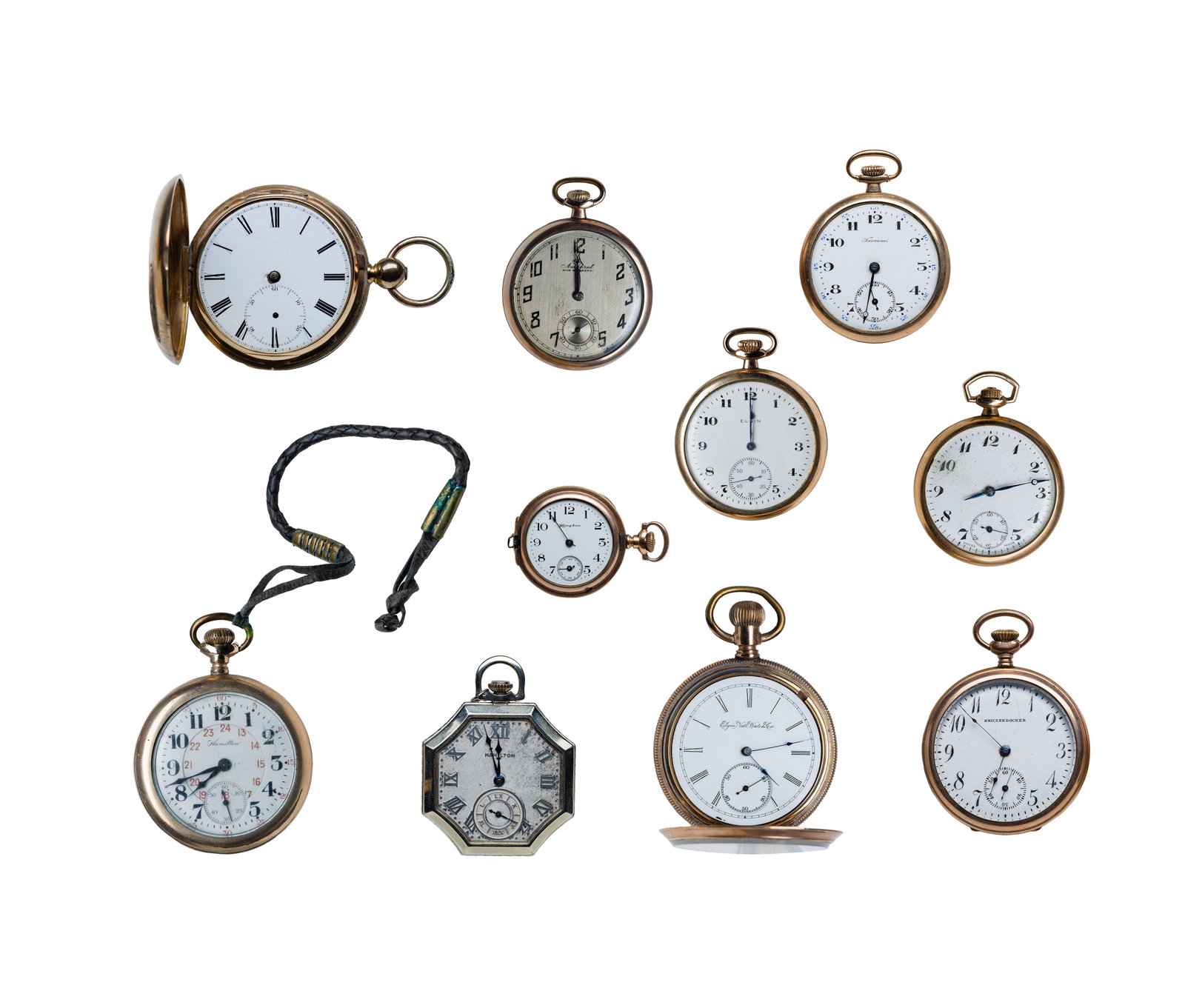 Gold-Filled Pocket Watch Assortment: Gold-Filled Pocket Watch Assortment (10) items including Elgin open face hunter case, serial # 5831186, 7-jewels, c.1890, model 16s, grade 104, dial having Roman numerals, baton hands, subsidiary seco