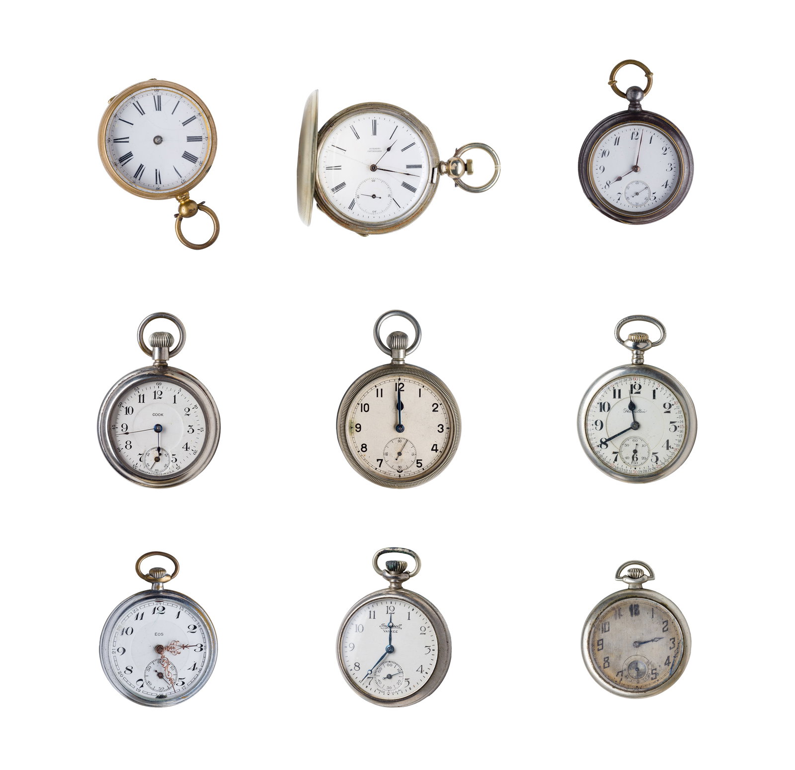 Pocket Watch Assortment: Pocket Watch Assortment (9) items including a Buchan open face case movement #644 size 12S, white dial having Roman numerals, key wind, lever set, a Sugasti hunter case size 18S, white dial having