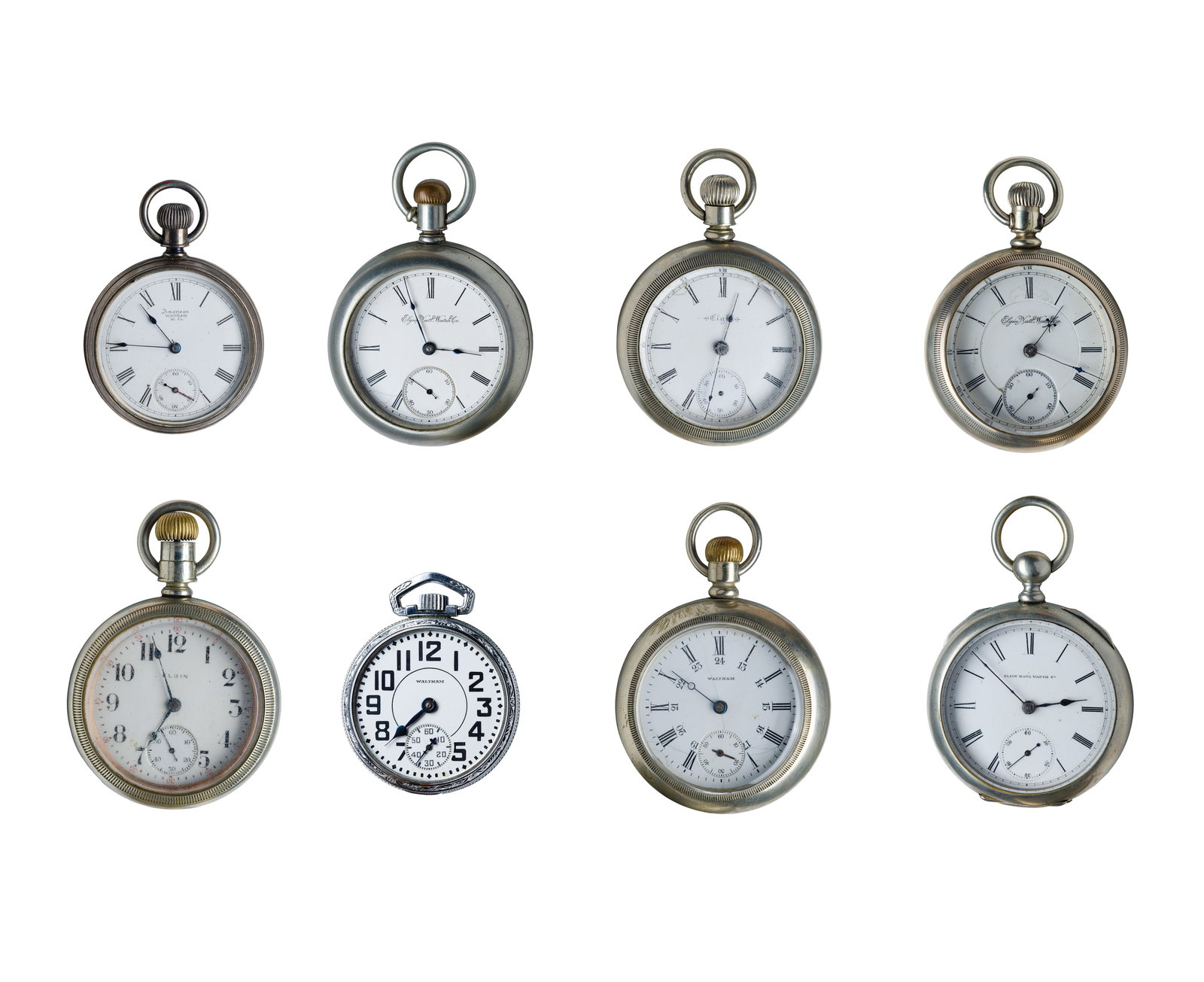 Pocket Watch Assortment: Pocket Watch Assortment (8) items including and Elgin open face case movement #17868161 dating to 1914, 15-jewel movement, size 18S, 326, 106, white dial having Arabic numerals, blue hands, seconds su