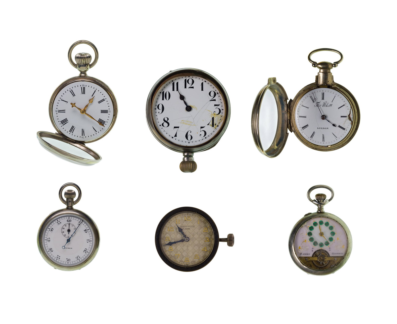 Pocket, Automobile and Stop Watch Assortment: Pocket, Automobile and Stop Watch Assortment (6) items including a Roskoft open face case size 20S, white dial having Roman numerals, gold-tone hands, pendant wind, pendant set, a Whitt open face