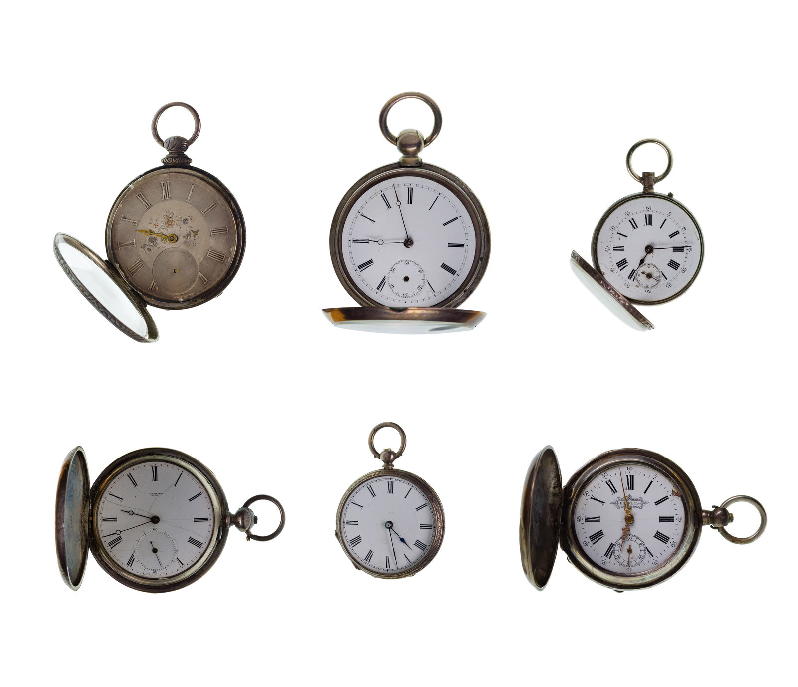 Russian (875) and European (800) Silver Pocket Watch Assortment: Russian (875) and European (800) Silver Pocket Watch Assortment (6) items including a Ls. Tl. Maiel hunter case movement #7387 13-jewel movement, size 16S, Locle, white dial having Roman numerals,