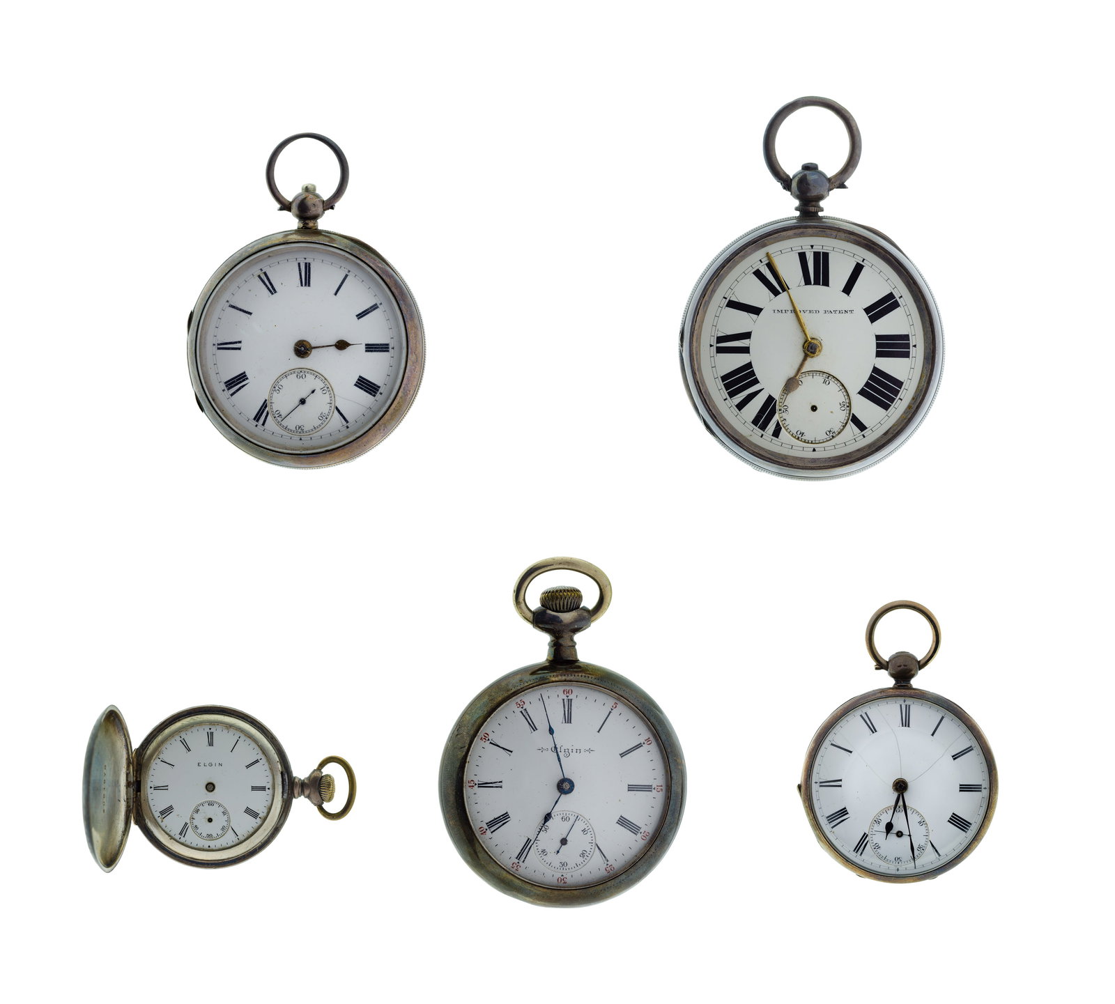 Sterling Silver Cased Pocket Watch Assortment: Sterling Silver Cased Pocket Watch Assortment (5) items including an Elgin hunter case movement #15110984 dating to 1911, 15-jewel movement, size 0S, 354, 116, white dial having Roman numerals,