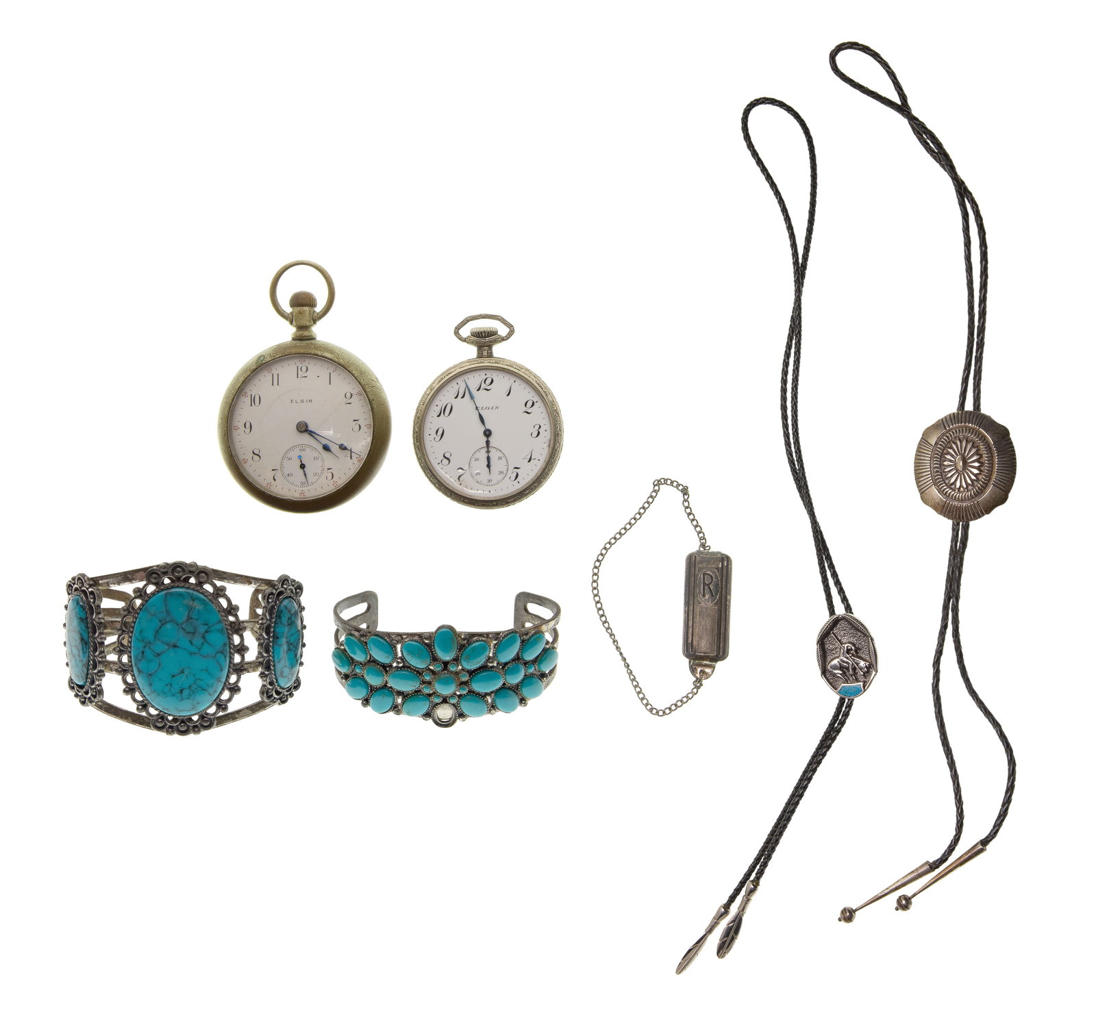 Sterling Silver, Costume Jewelry and Pocket Watch Assortment: Sterling Silver, Costume Jewelry and Pocket Watch Assortment (7) items including a bolo style tie (slide marked 'L.M.' and 'sterling'), (2) Elgin pocket watches having serial #12285522 dating to