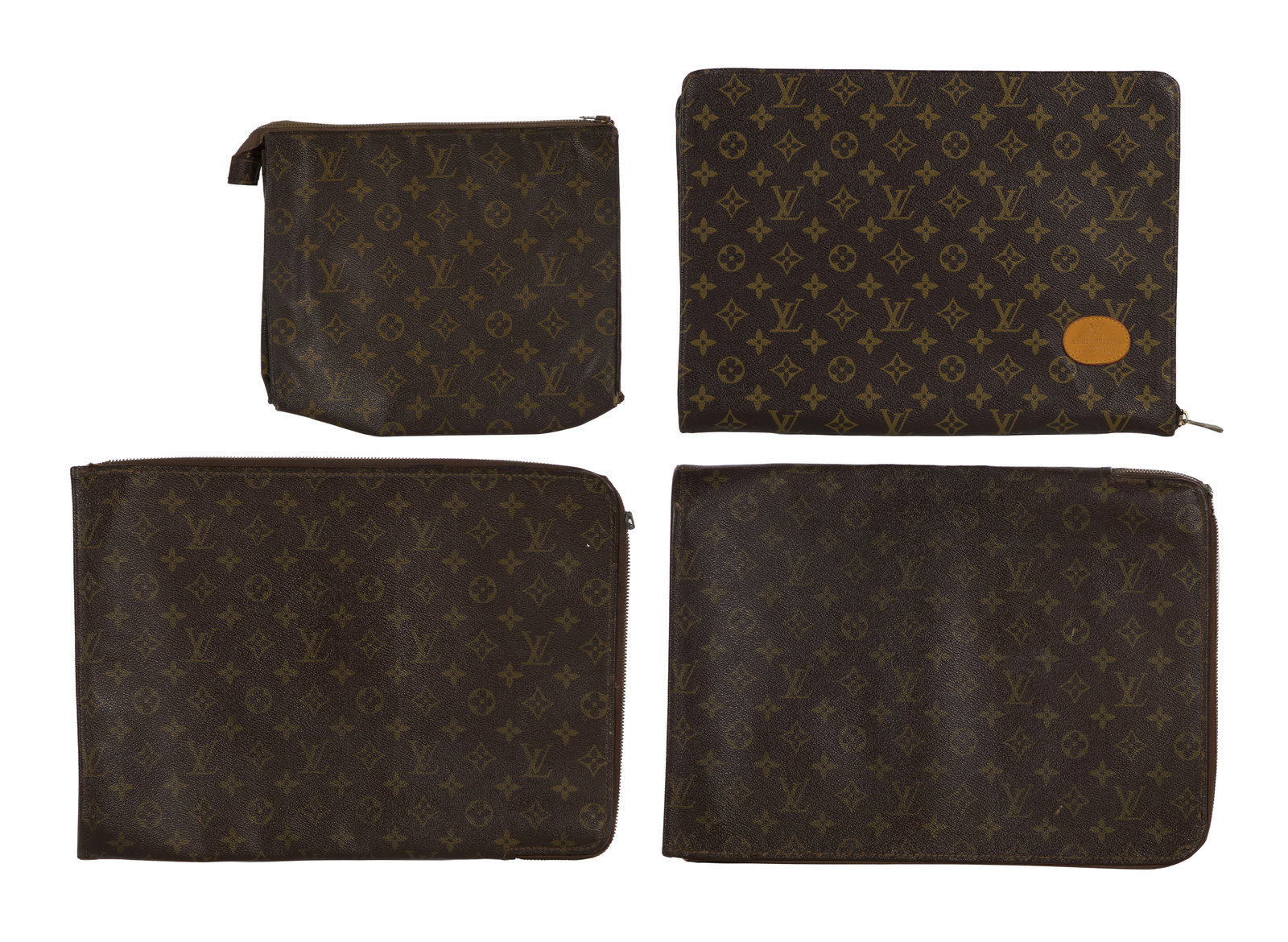 Luis Vuitton Document and Computer Case Assortment: Luis Vuitton Document and Computer Case Assortment (4) monogram canvas items including a Poche folio having pocketed interior for pens, papers and cards, a toiletry bag and (2) Poche document