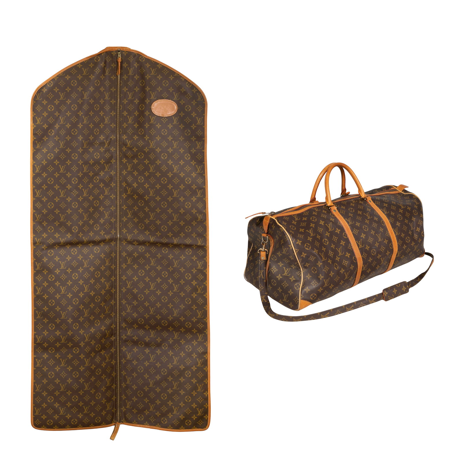 Louis Vuitton Monogram Duffel and Garment Bags: Louis Vuitton Monogram Duffel and Garment Bags (2) monogrammed items including a Keepall Bandouliere model #55 duffel bag having shoulder strap and a garment bag Property from: a Private