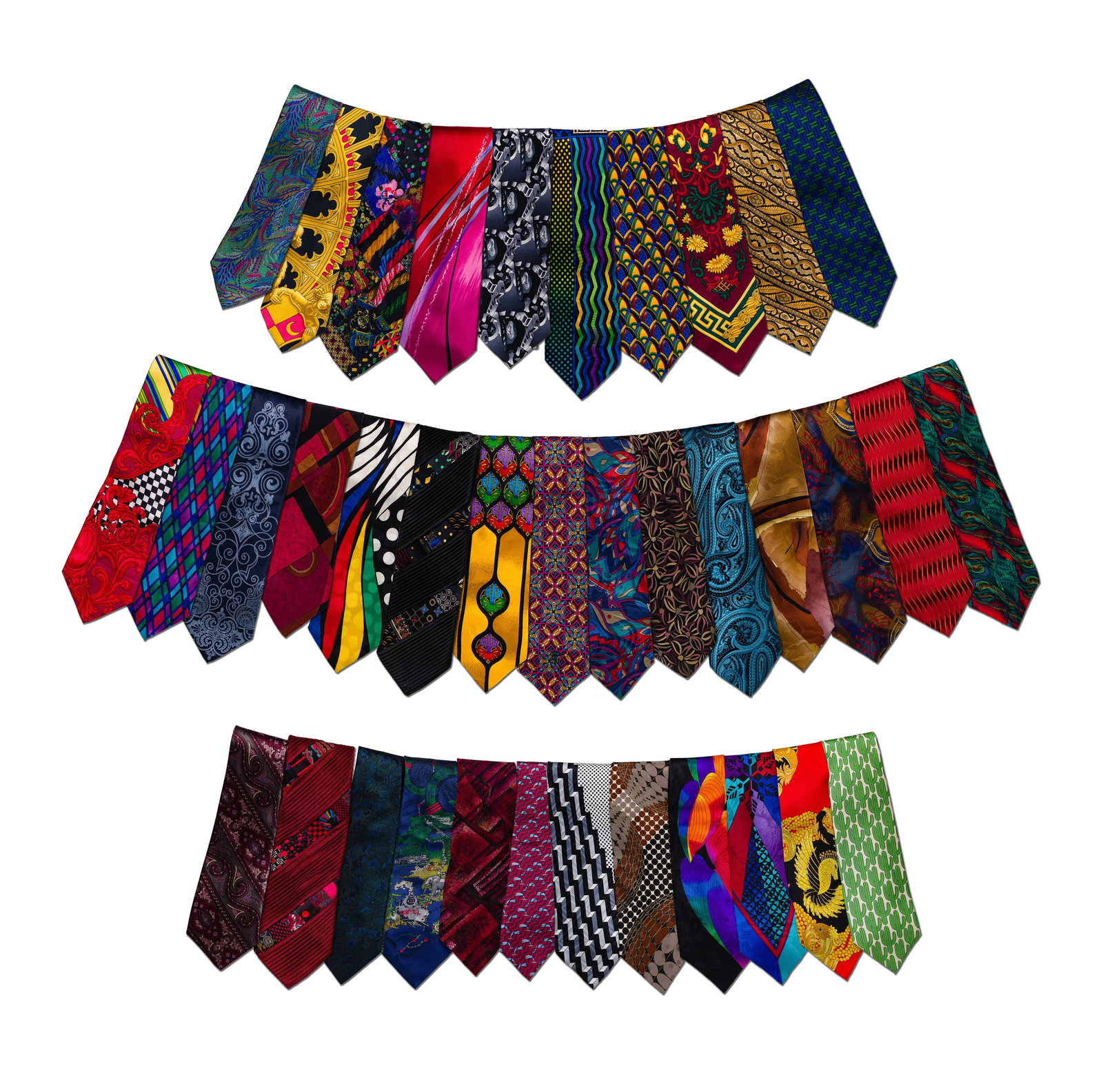 Designer Necktie Assortment: Designer Necktie Assortment (37) items including (2) Hermes, (5) Jerry Garcia, (8) Versace, (3) Brioni, (3) Gucci, (2) Countess Mara, (2) Fratelli as well as (12) single ties including Valentino,