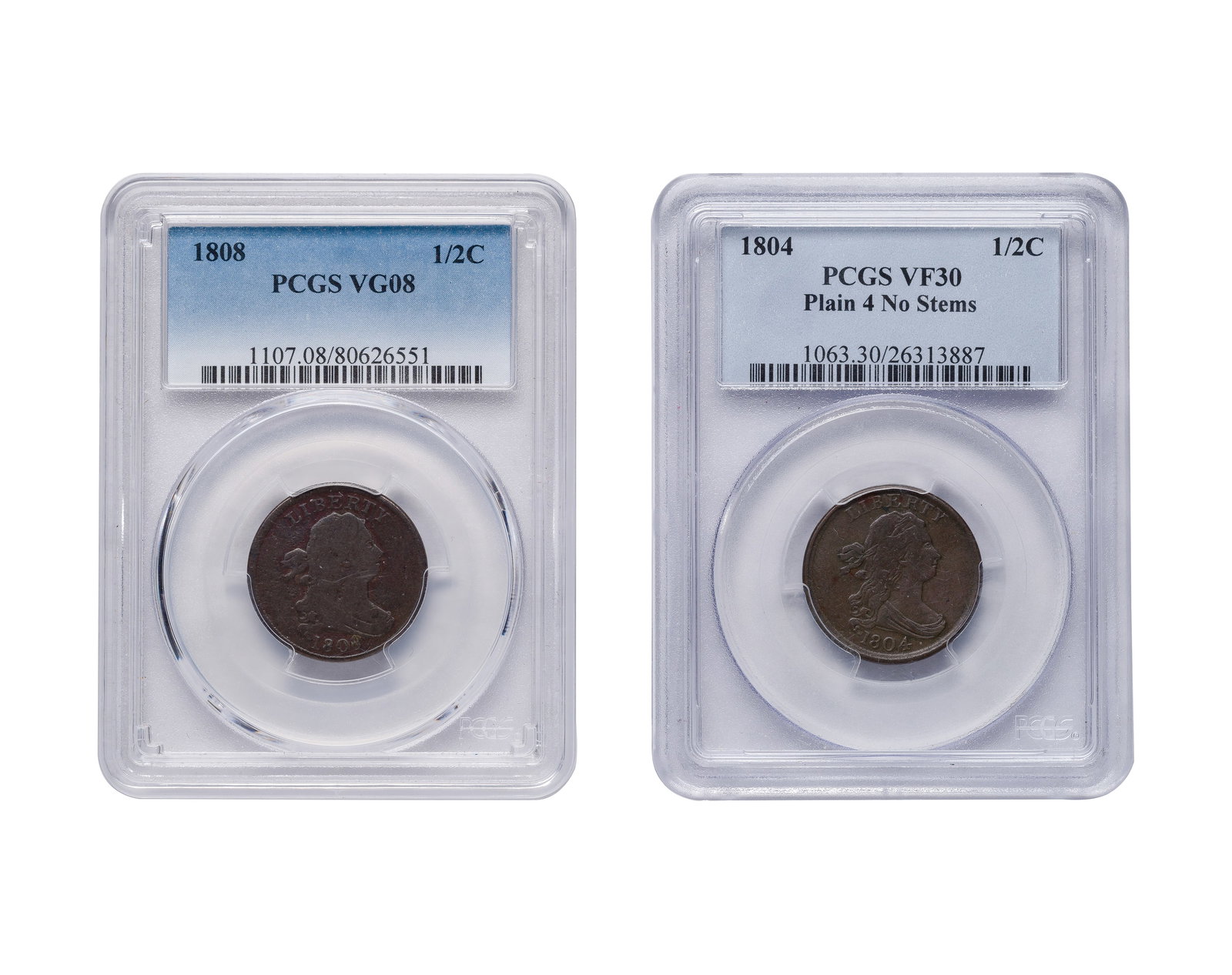 1/2c Draped Bust Coins: 1/2c Draped Bust Coins (2) items including 1804 VF-30 PCGS and an 1808 VG-08 PCGS, both in sealed acrylic cases having holograms Property from: a Private Collector, Wheaton, Illinois 