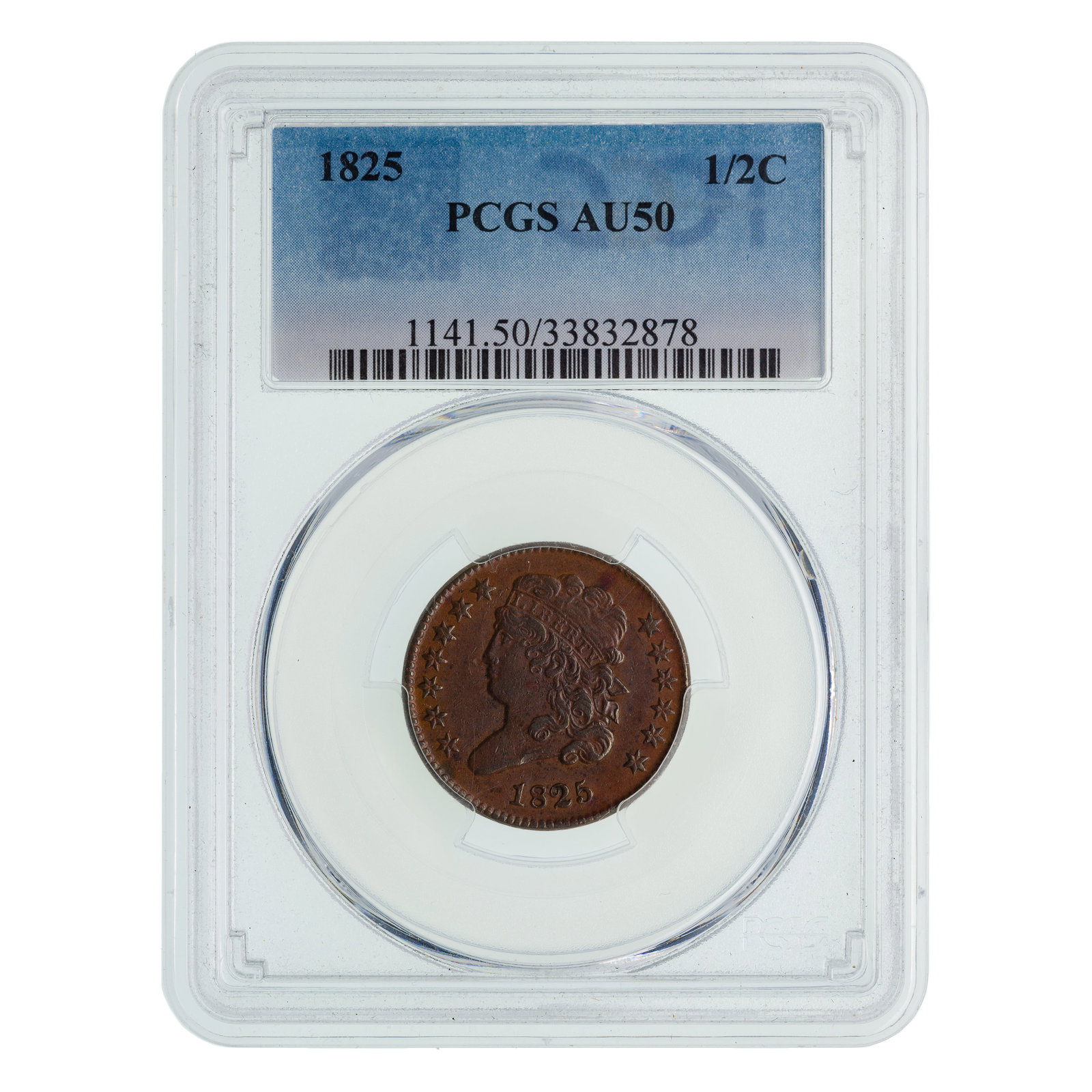 1825 1/2c Classic Head AU-50 PCGS: 1825 1/2c Classic Head AU-50 PCGS Property from: a Private Collector, Wheaton, Illinois Category: Half Cents > Classic Head Half Cent Estimated Sale Time: 4:06 pm CST Shipping Status: