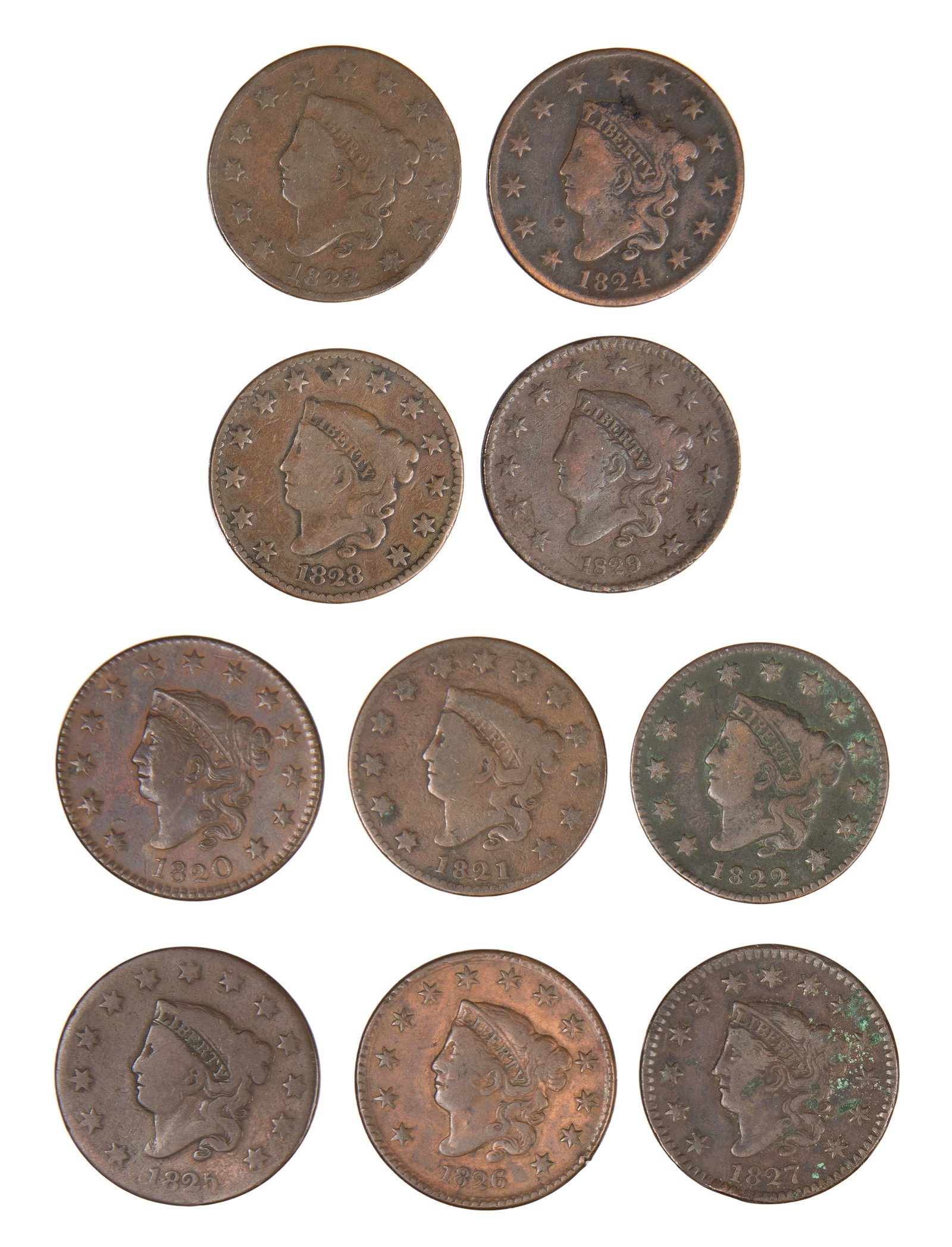 Large 1c Assortment: Large 1c Assortment (10) coins including 1820, 1821, 1822, 1823, 1824, 1825, 1826, 1827, 1828 and 1829 Property from: an Estate, Wilmette, Illinois Category: Cents > Braided Hair Cent Estimated Sale T
