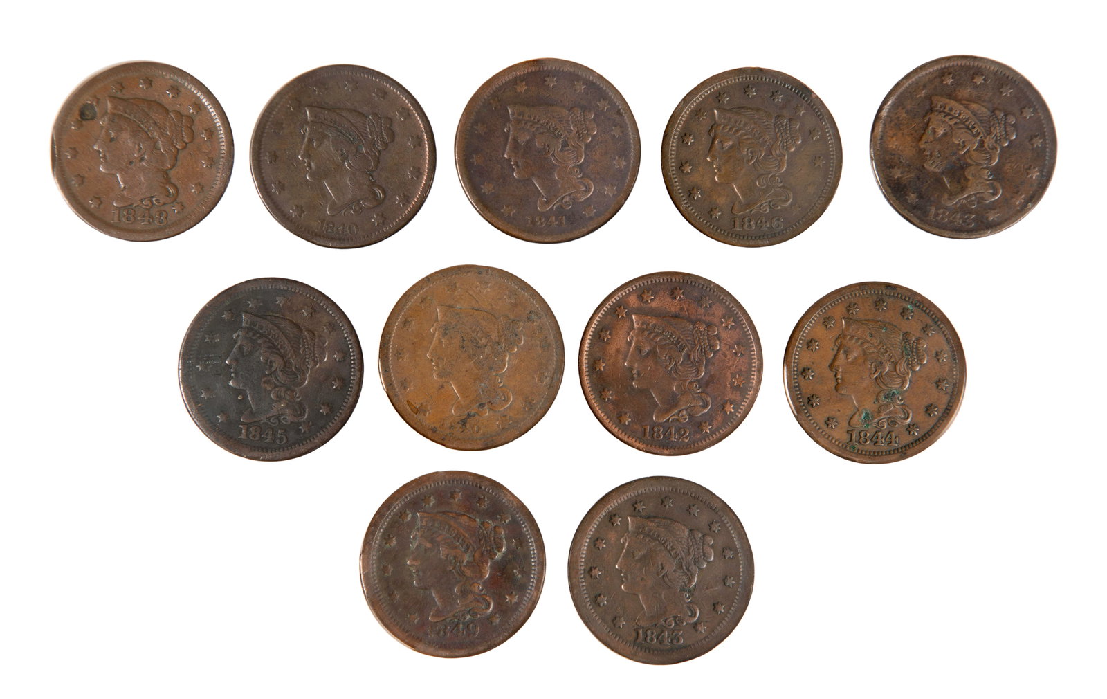 Large 1c Assortment: Large 1c Assortment (11) coins including (2) 1840, 1841, 1842, (2) 1843, 1844, 1845, 1846, 1848 and 1849 Property from: an Estate, Wilmette, Illinois Category: Cents > Braided Hair Cent Estimated Sale