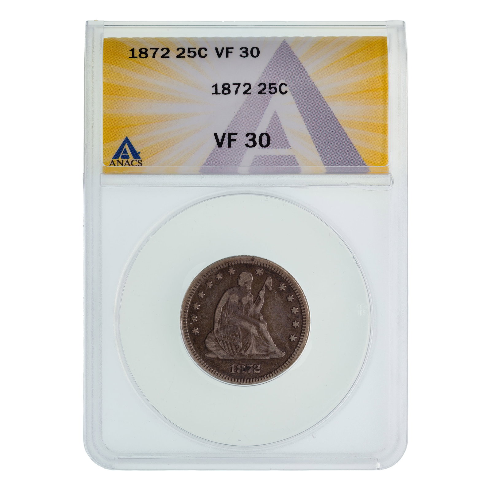 1872 Seated Liberty 25c VF-30 ANACS: 1872 Seated Liberty 25c VF-30 ANACS Property from: a Private Collector, Wheaton, Illinois Category: Quarters > Liberty Seated Quarter Estimated Sale Time: 4:18 pm CST Shipping Status: