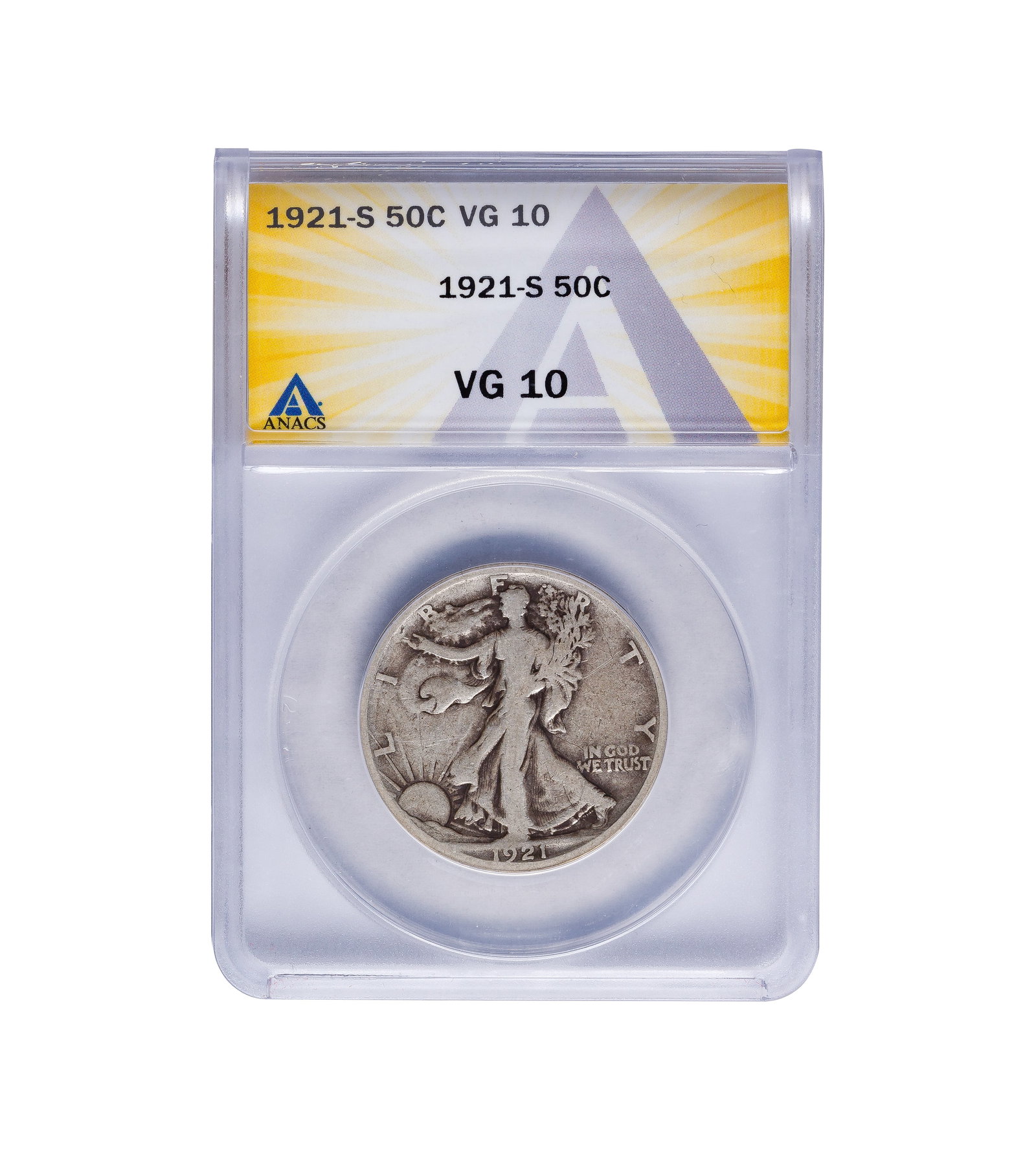 1921-S Walking Liberty 50c VG-10 ANACS: 1921-S Walking Liberty 50c VG-10 ANACS Property from: a Private Collector, Wheaton, Illinois Category: Half Dollars > Walking Liberty Half Dollar Estimated Sale Time: 4:19 pm CST 