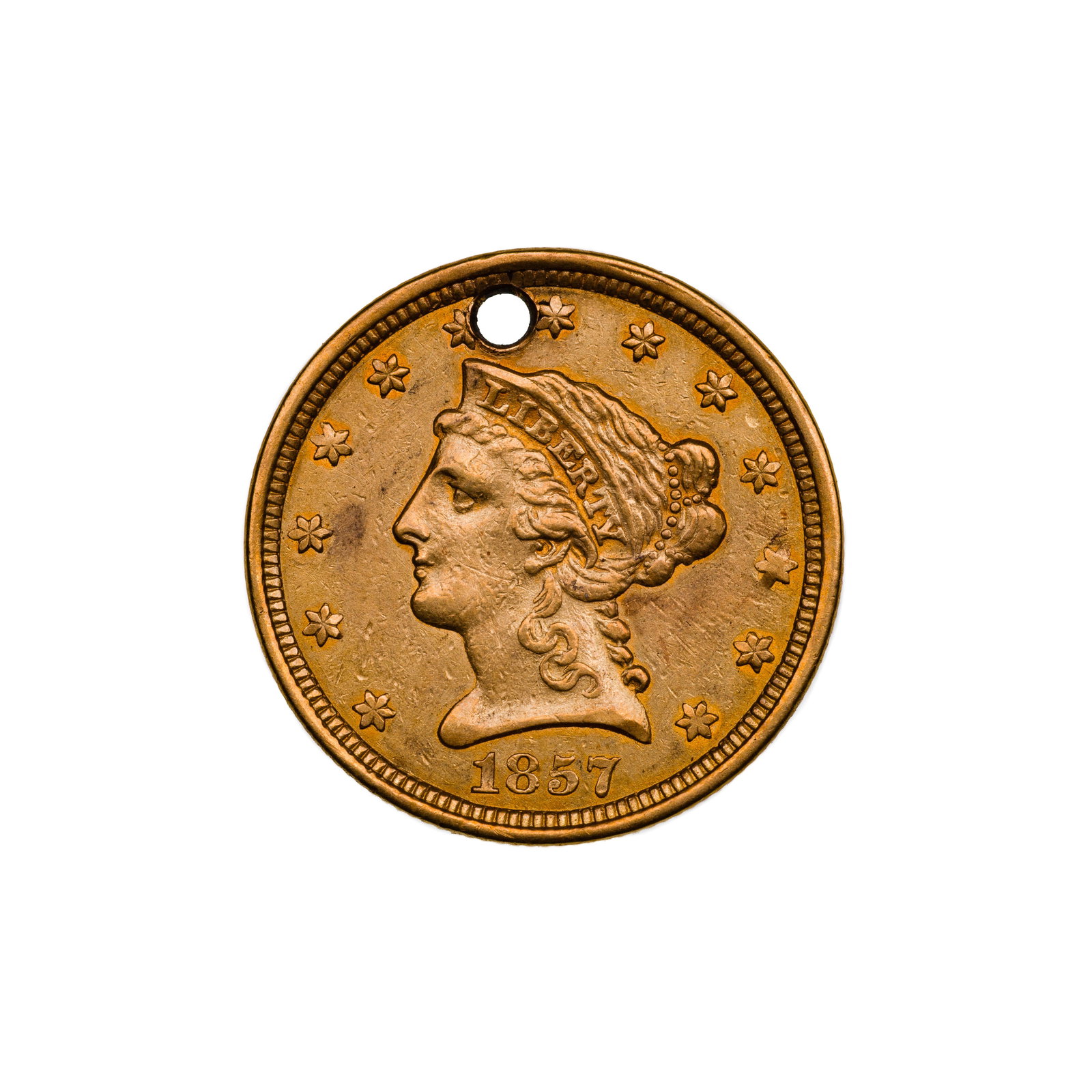 1857 $2 1/2 Liberty Head Gold: 1857 $2 1/2 Liberty Head Gold Drilled Property from: an Estate, Wilmette, Illinois Category: US Gold > $2 1/2 Gold Estimated Sale Time: 4:21 pm CST Shipping Status: Shipping Quote 