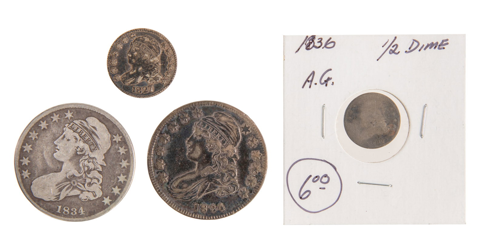 Bust Type Coin Assortment: Bust Type Coin Assortment (4) coins including (2) 1834 50c, a 1827 10c and an 1836 half dime Property from: an Estate, Wilmette, Illinois Category: Miscellaneous US Coins > Mixed Lots Estimated Sale T