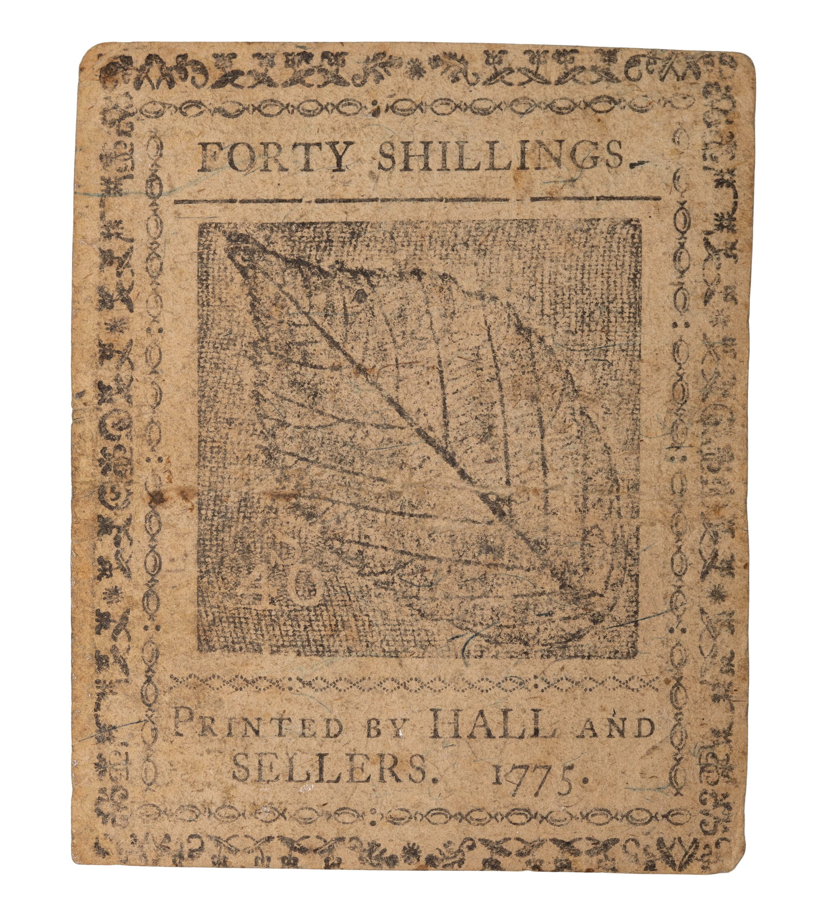 Colonial Currency: Colonial Currency A Forty Shillings banknote from the colonial era, specifically printed in 1775 by the firm of Hall and Sellers in Pennsylvania Property from: an Estate, Wilmette, Illinois 