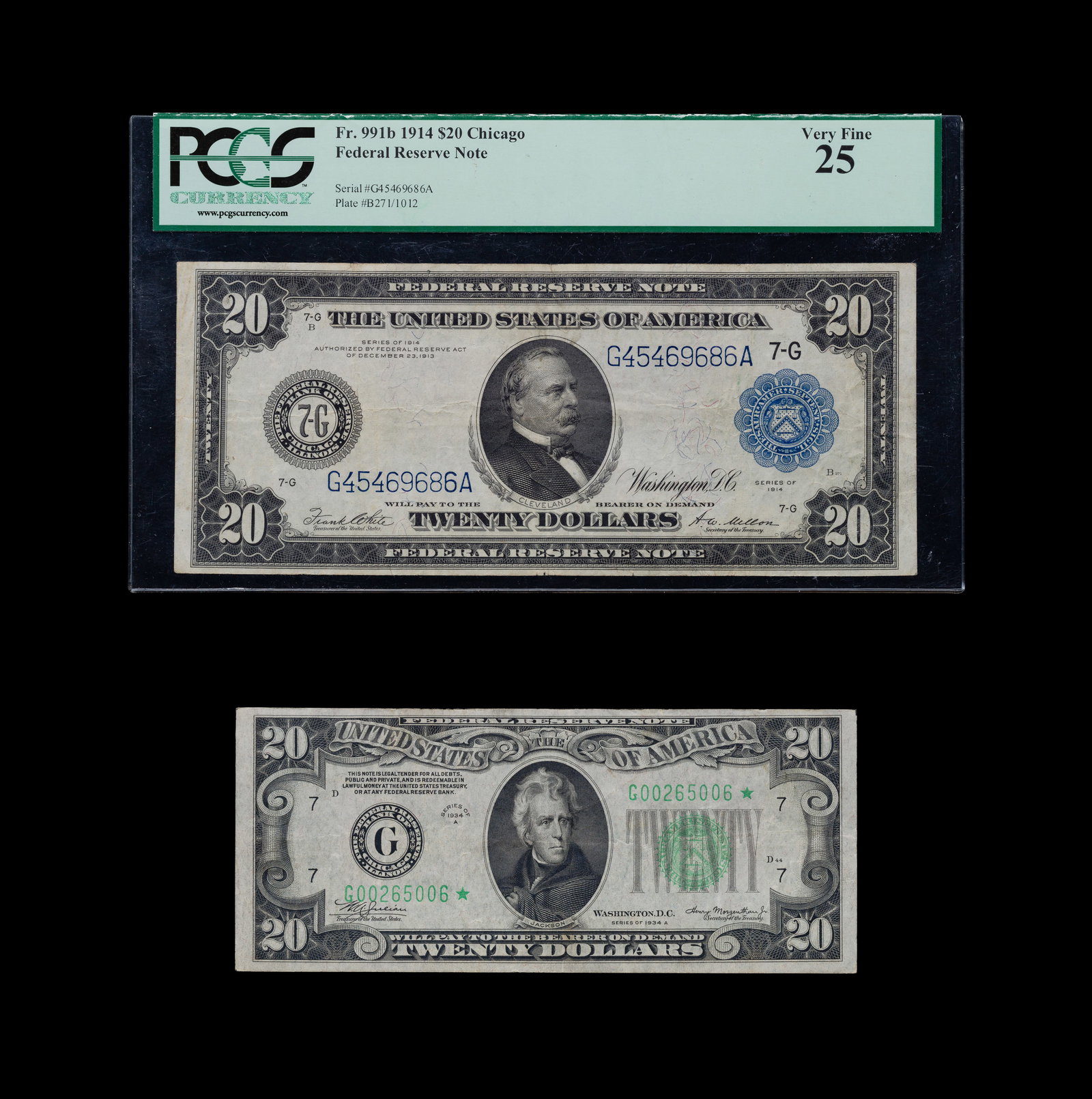 $20 Chicago Federal Reserve Notes: $20 Chicago Federal Reserve Notes (2) items including a 1914 $20 VF-25 PCGS large note and a 1934-A star note Property from: a Private Collector, Wheaton, Illinois Category: Large Size Type