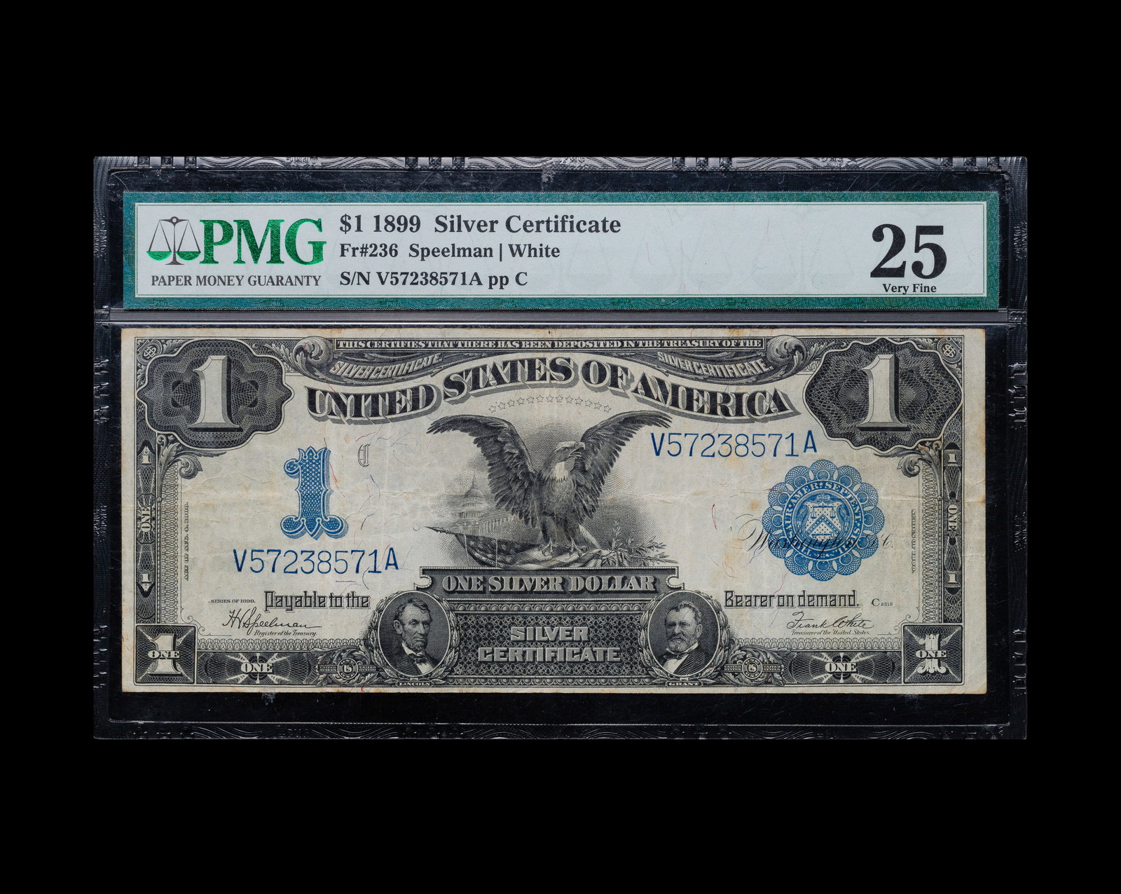 1899 $1 Black Eagle Silver Certificate VF-25 PMG: 1899 $1 Black Eagle Silver Certificate VF-25 PMG FR#236 Speelman / White Property from: a Private Collector, Wheaton, Illinois Category: Large Size Type Notes > Silver Certificates 