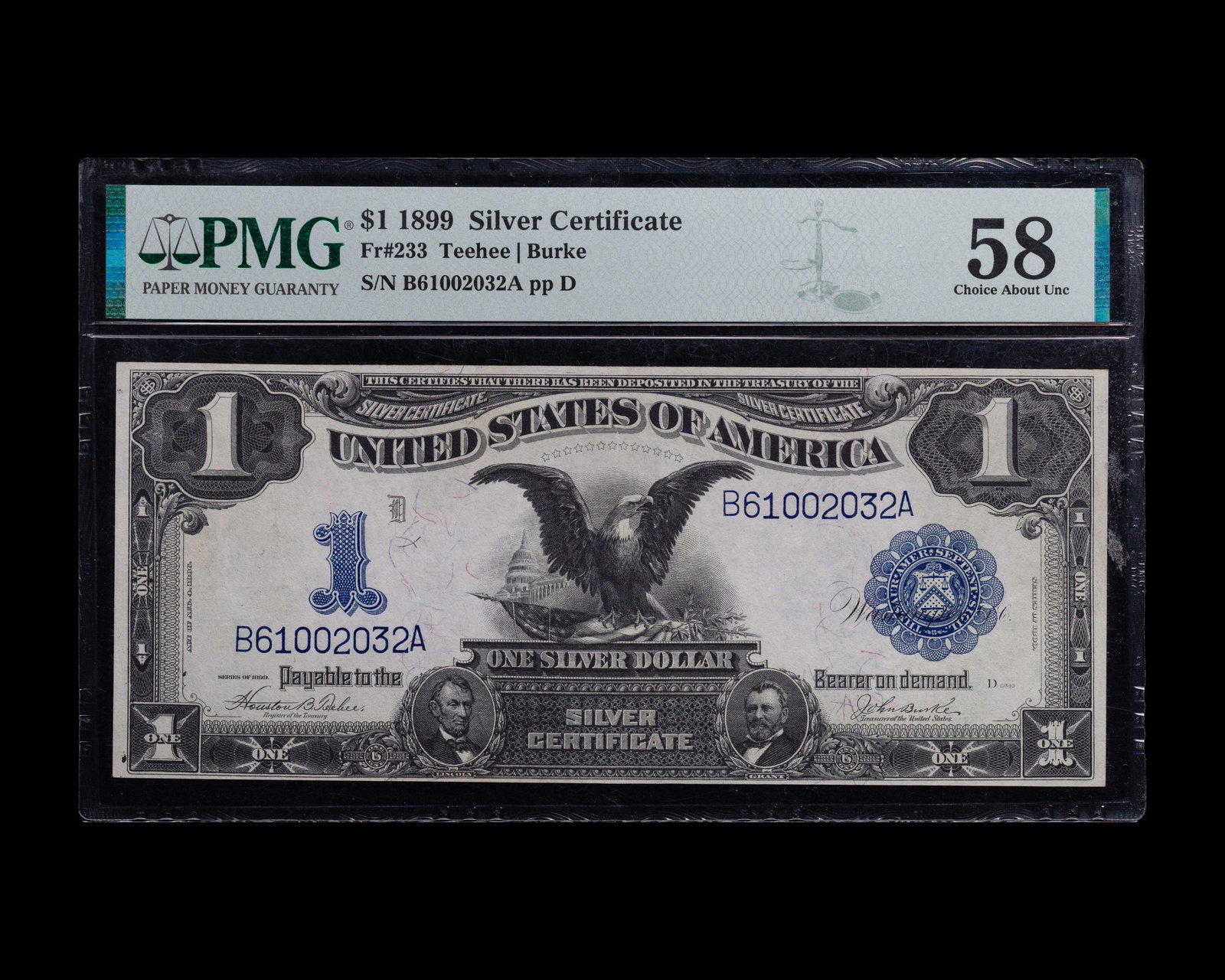 1899 $1 Silver Certificate CAU-58 PMG: 1899 $1 Silver Certificate CAU-58 PMG Property from: a Private Collector, Wheaton, Illinois Category: Large Size Type Notes > Silver Certificates Estimated Sale Time: 4:36 pm CST 