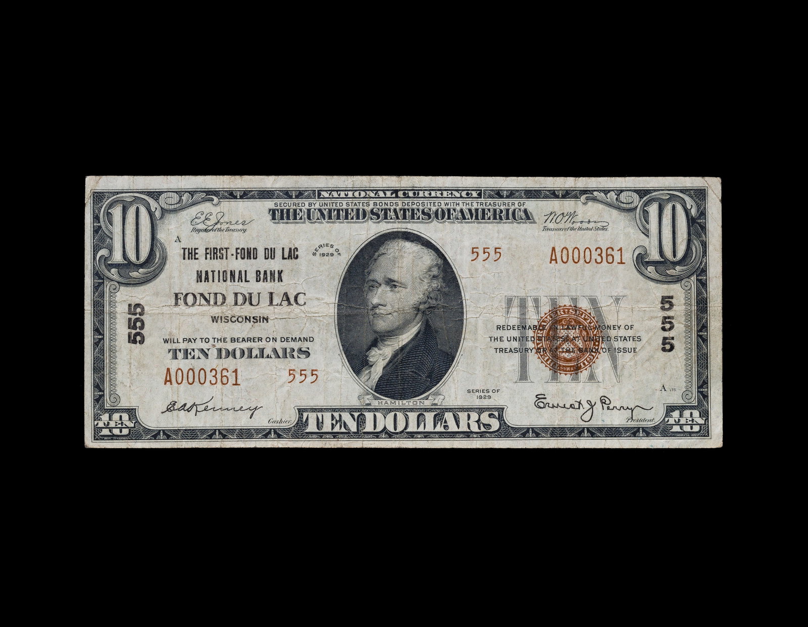1929 $10 Fond Du Lac Wisconsin National Bank: 1929 $10 Fond Du Lac Wisconsin National Bank Charter #555, Serial A000361, red seal Property from: a Private Collector, Wheaton, Illinois Category: National Bank Notes > National Bank Notes 