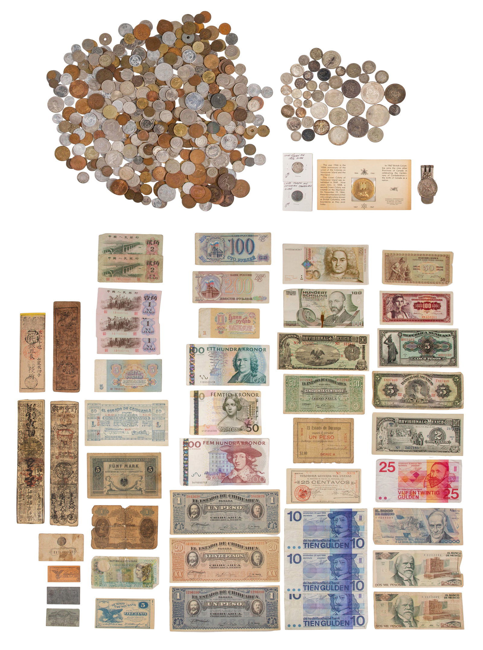 World Coin and Currency Assortment: World Coin and Currency Assortment Assorted European and Mexican coins (some mixed purity silver noted) and approximately (40) bank notes from Mexico, China and the Netherlands Property from: