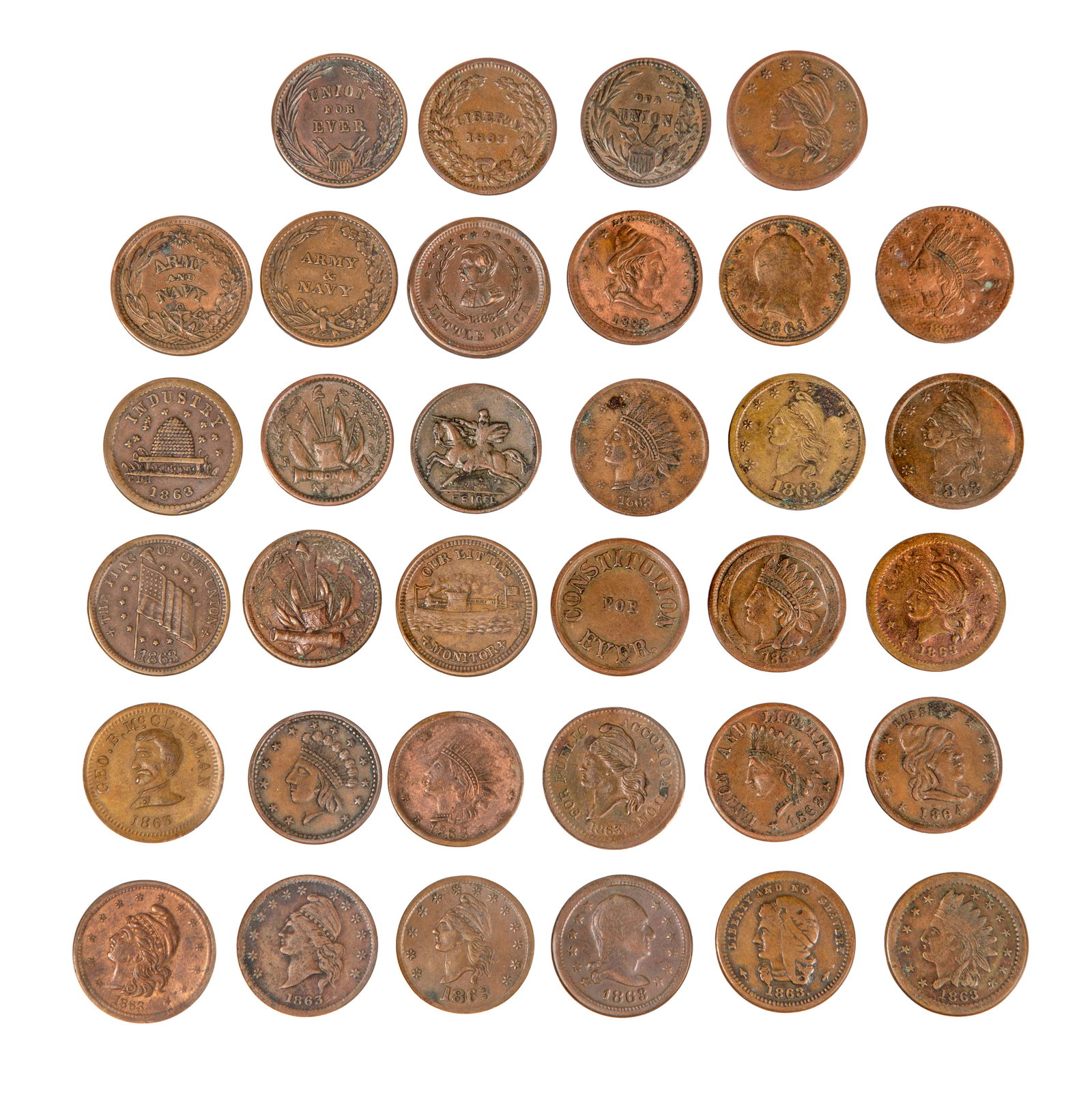 Civil War Era Patriotic Tokens: Civil War Era Patriotic Tokens (34) tokens Property from: an Estate, Wilmette, Illinois Category: Tokens & Medals > Tokens & Medals Estimated Sale Time: 4:54 pm CST Shipping Status: