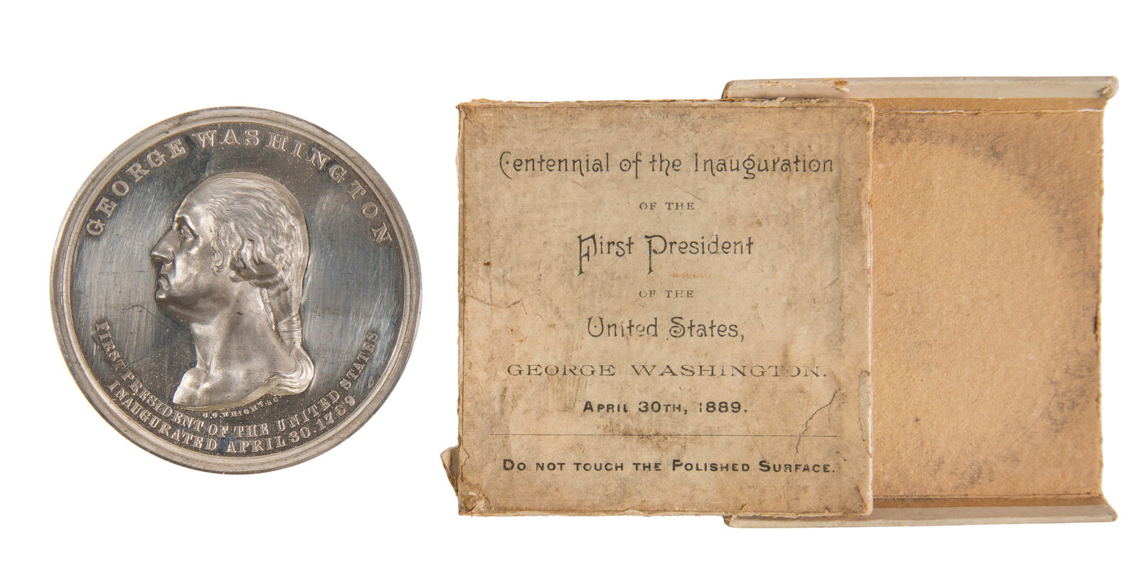 George Washington Silver Inauguration Medal: George Washington Silver Inauguration Medal 1889, including partial box Property from: an Estate, Wilmette, Illinois Category: Tokens & Medals > Tokens & Medals Estimated Sale Time: 4:54