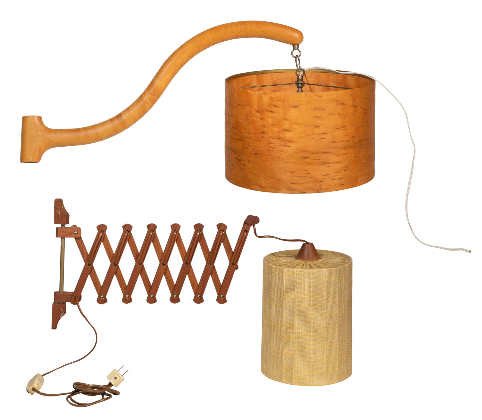 Mid-Century Modern Hanging Lamps: Mid-Century Modern Hanging Lamps (2) items, both unbranded, including a figured maple veneer shade having a single bulb socket on a suspension loop attached at center, curved figured maple suspension 