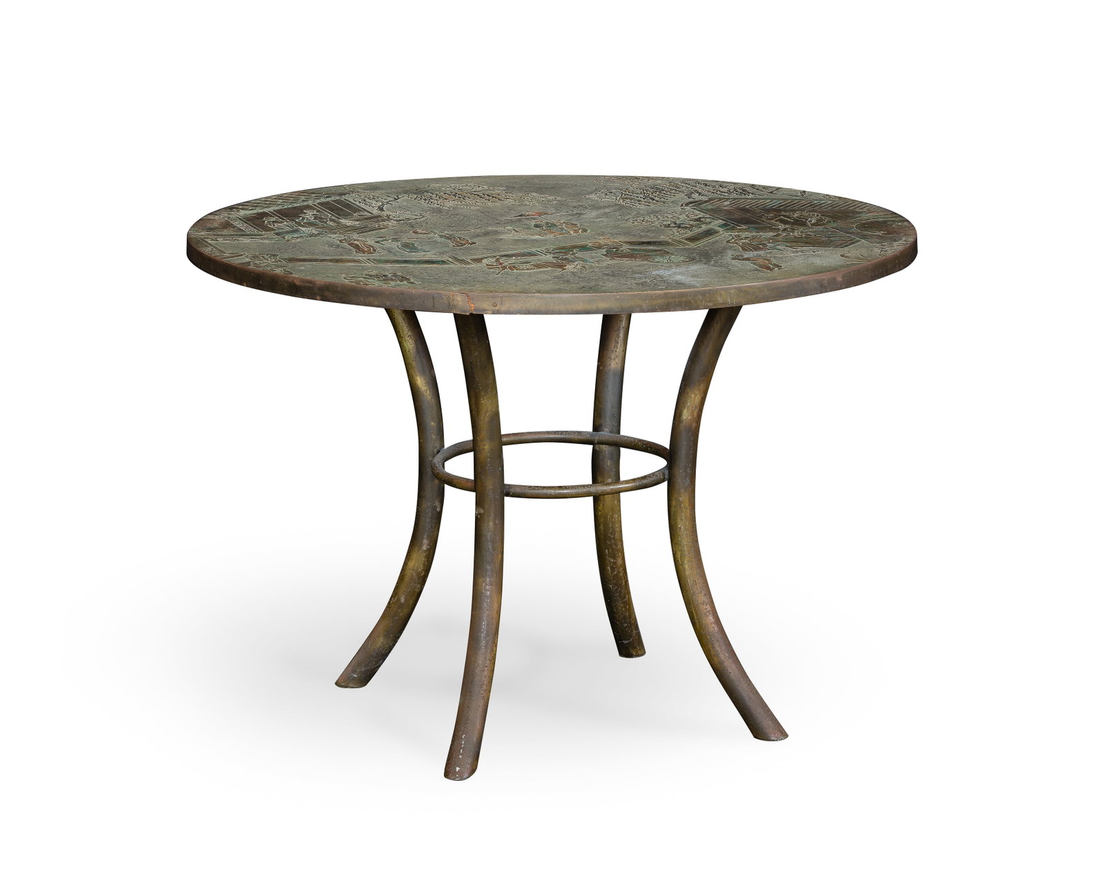 Philip and Kelvin LaVerne Tao Game Table: Philip and Kelvin LaVerne Tao Game Table c.1960, signed, top having an engraved scene using patinated bronze, pewter and hand-painted enamels, set on saber legs, retaining manufacturer paper label