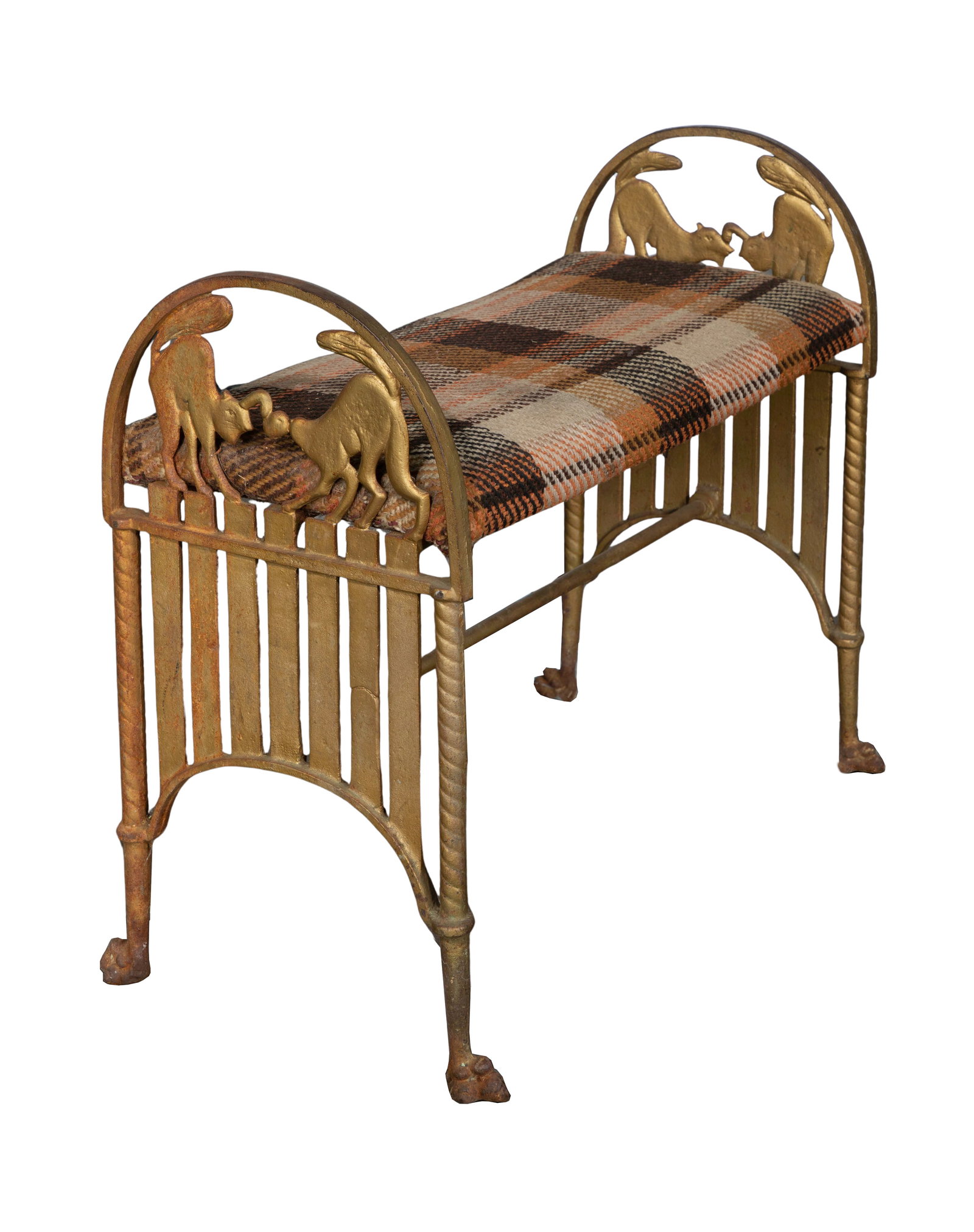 Wrought Iron Cat Bench: Wrought Iron Cat Bench An art deco style bench depicting two cats fighting on a fence at the ends, raised on paw feet, fabric upholstered seat Property from: an Estate, Glen Ellyn, Illinois Height: