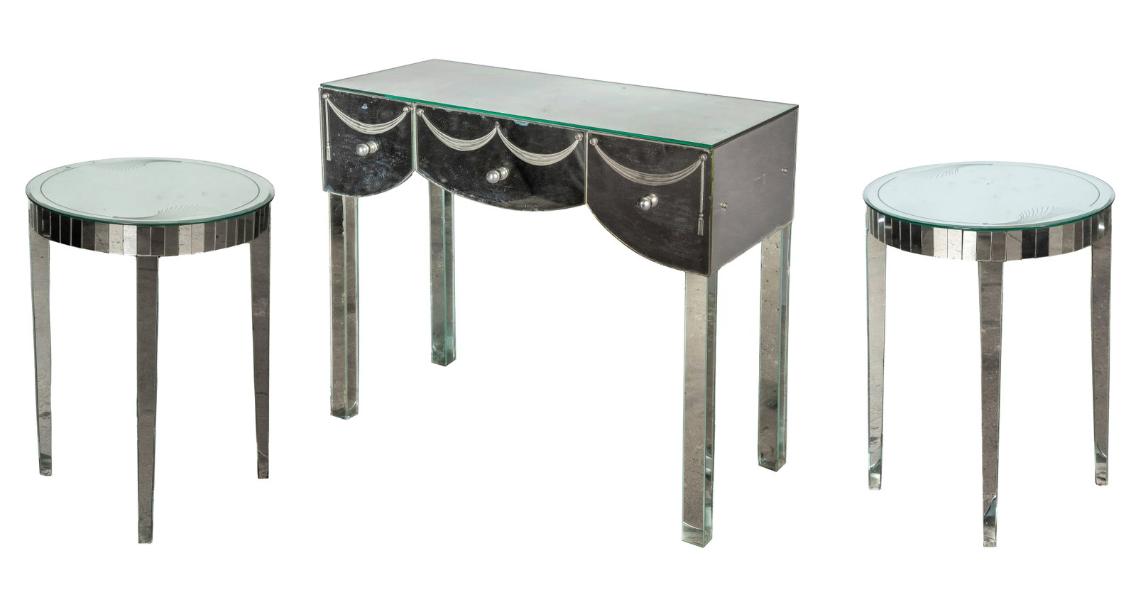 Mirrored Vanity and Side Tables: Mirrored Vanity and Side Tables (3) items including a three-drawer vanity having etched fronts and a pair of round side tables having etched tops Property from: an Estate, Chicago (Wicker Park),