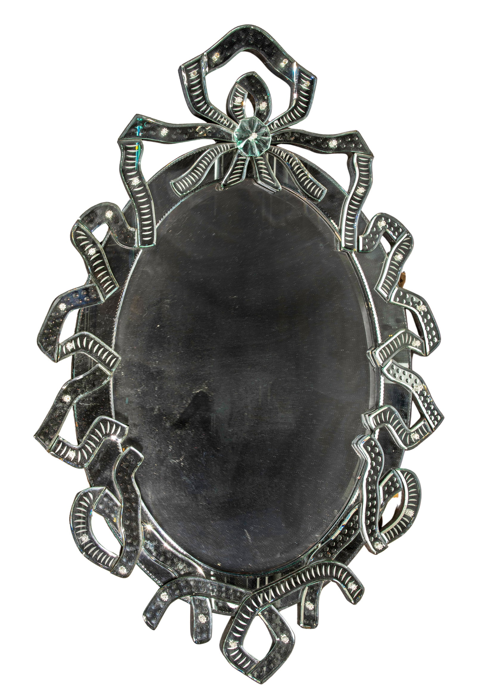 Venetian Style Wall Mirror: Venetian Style Wall Mirror A center oval mirror surrounded by a ribbon and bow motif, having beveled glass, etched details and rosette clips Property from: an Estate, Chicago (Wicker Park), Illinois