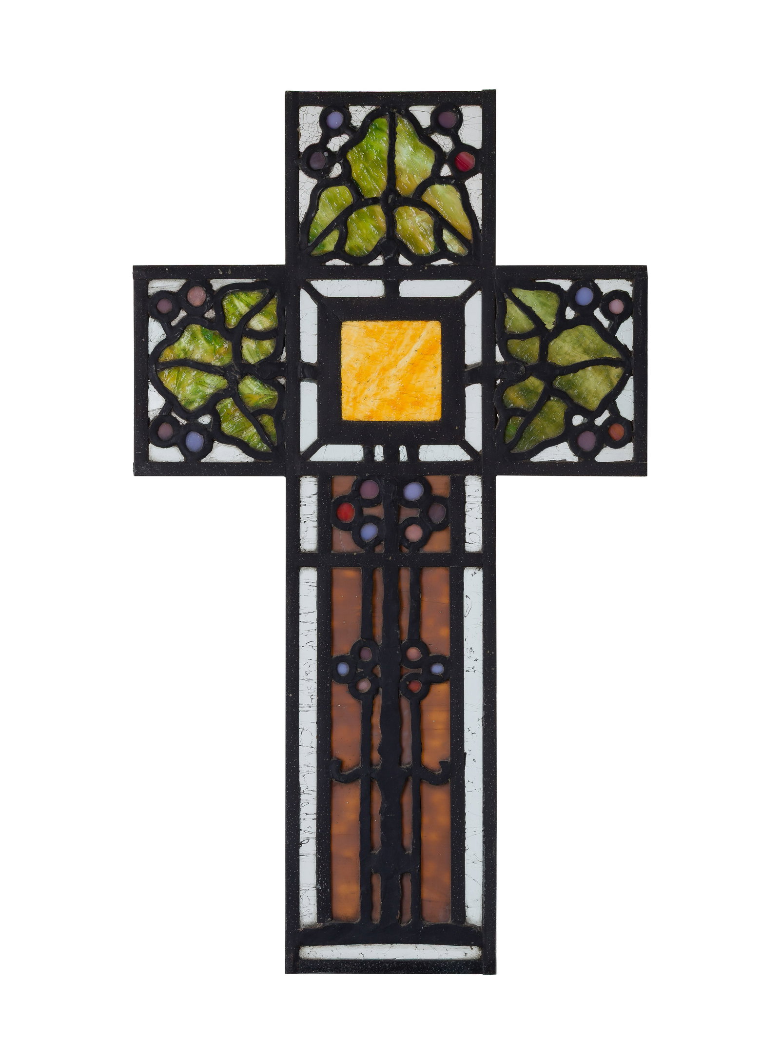 Leaded Stained Glass Cross: Leaded Stained Glass Cross A window insert having a central yellow square surrounded by a green leaf motif and dark, branch-like pattern in the style of Tiffany Property from: an Estate, Glen Ellyn,