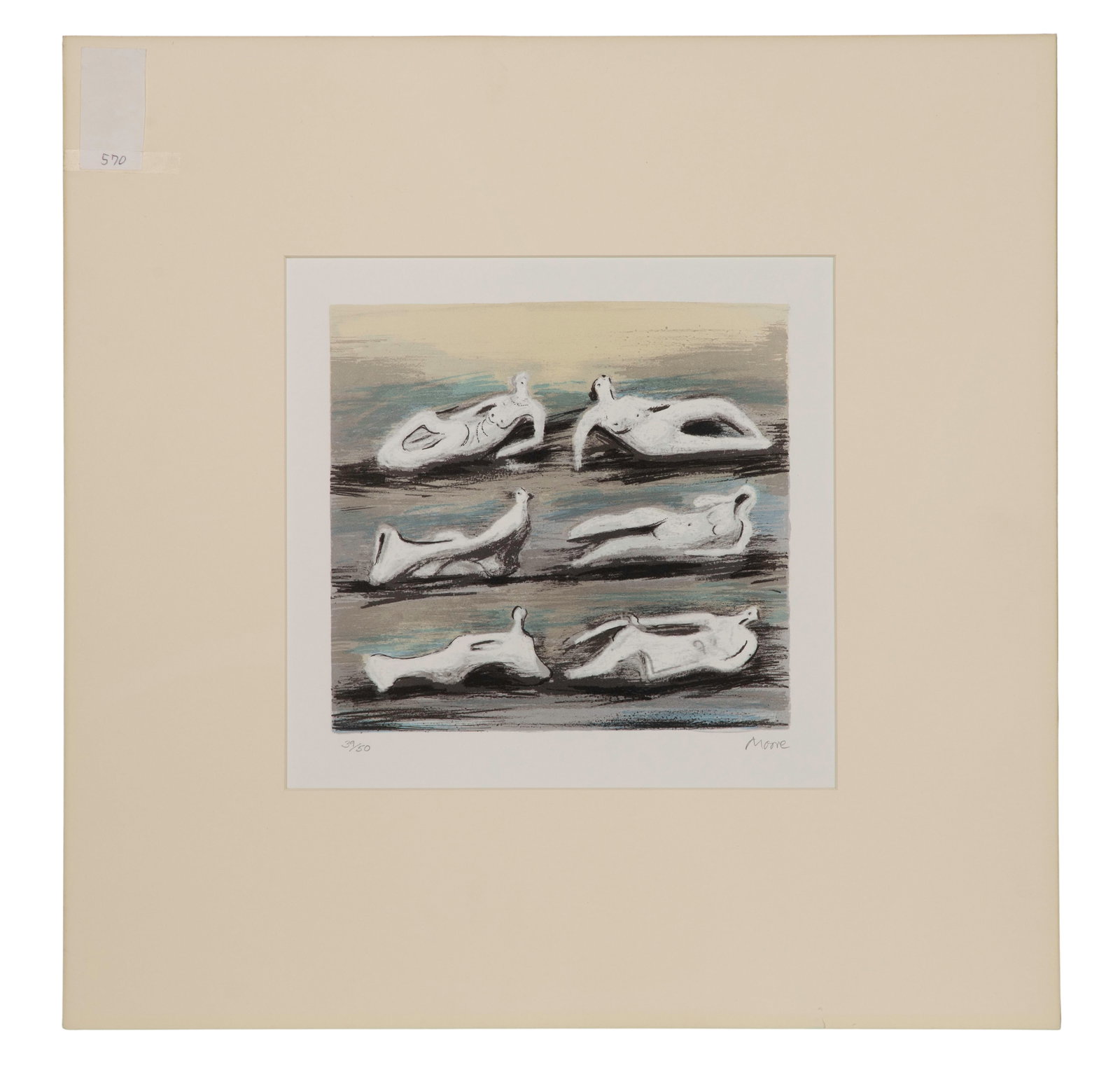 Henry Moore (English, 1898-1986) 'Six Reclining Figures' Lithograph: Henry Moore (English, 1898-1986) 'Six Reclining Figures' Lithograph 1980, pencil signed, #39/50, titled verso, having a seven-color background, matted, unframed Property from: an Estate, Chicago (Old 