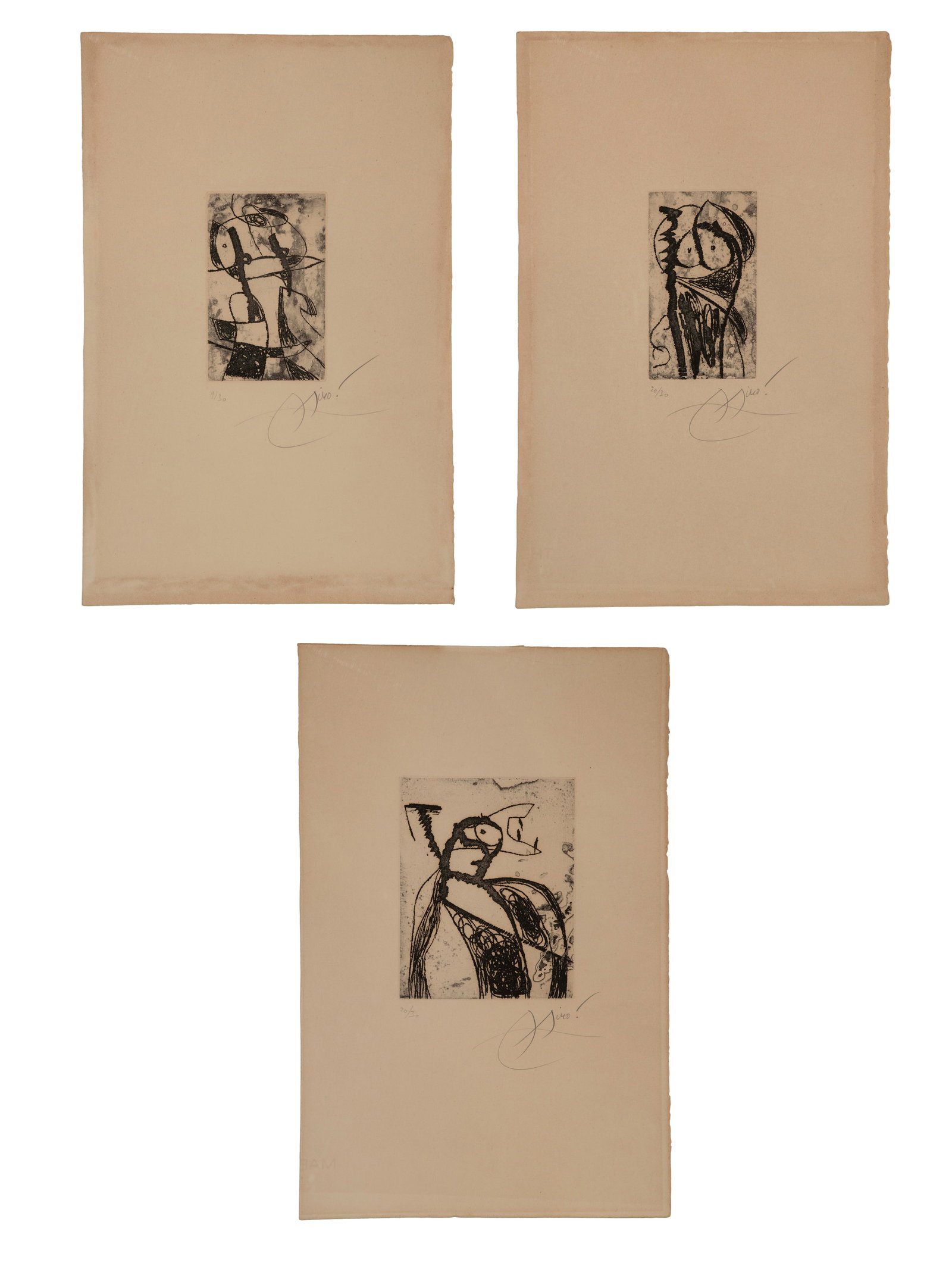 Joan Miro (Spanish, 1893-1983) 'Les Saltimbanques' Etchings: Joan Miro (Spanish, 1893-1983) 'Les Saltimbanques' Etchings (3) undated items, all pencil signed, #20/30, including prints IV, VII, and IX from the 'Les Saltimbanques' series, titles verso, abstract d