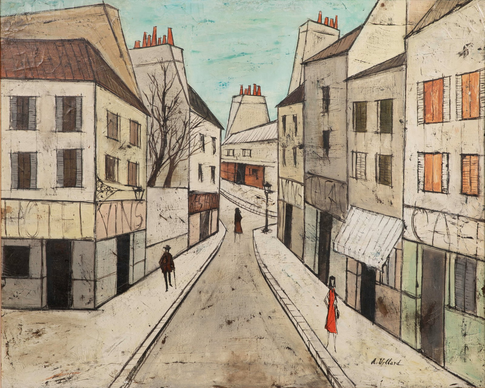 Antoine Villard (French, 1867-1934) Oil on Canvas: Antoine Villard (French, 1867-1934) Oil on Canvas Undated, signed, depicting a street scene in Paris, framed having linen inlay, biographical information verso Property from: an Estate, Glencoe, Illin