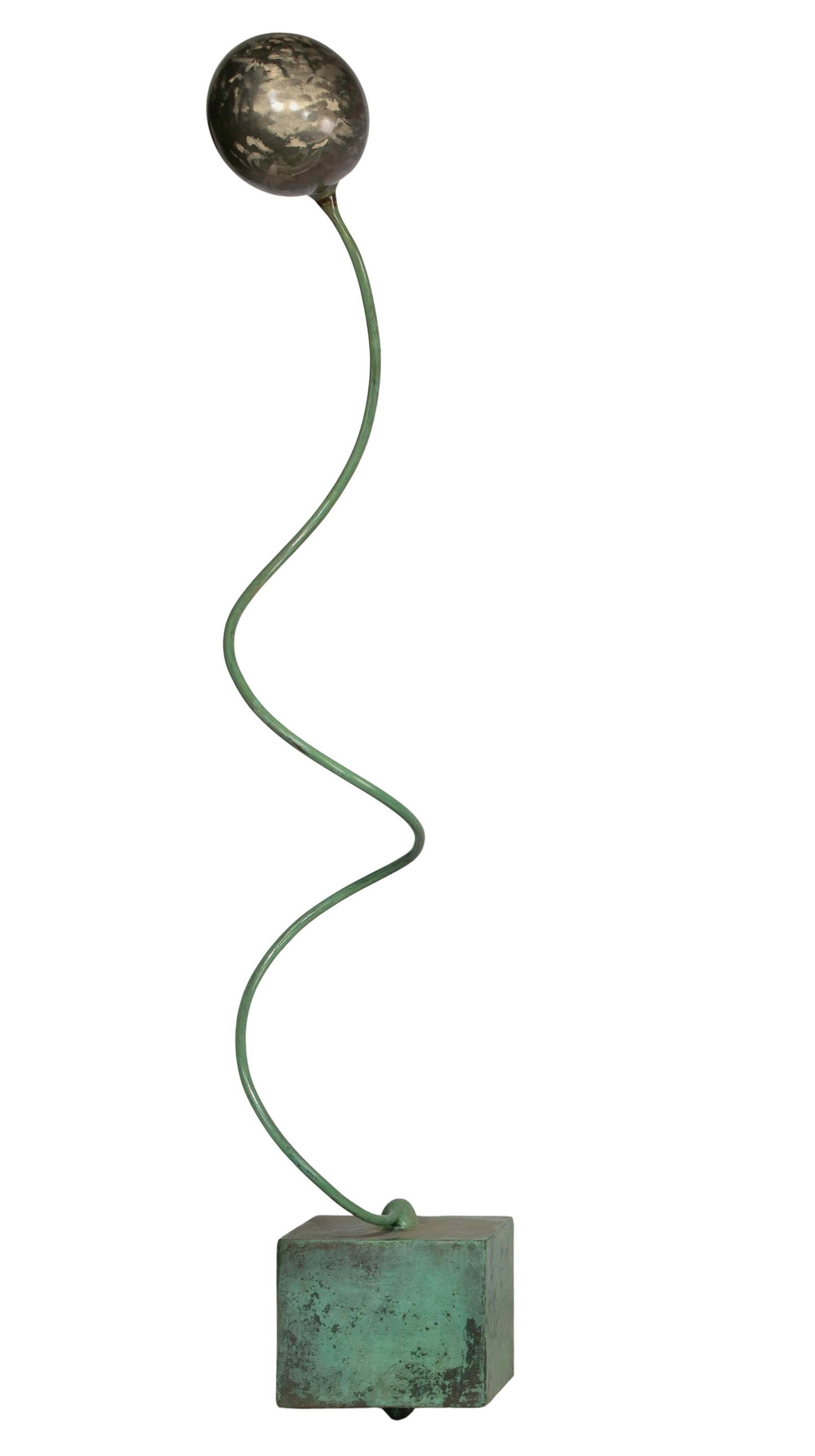 Gloria Kisch (American, b.1941) Metal Sculpture: Gloria Kisch (American, b.1941) Metal Sculpture 1987, signed and dated on underside of base, a spiral supported brushed brass ball rising from a cube base, having an overall green patination Property 