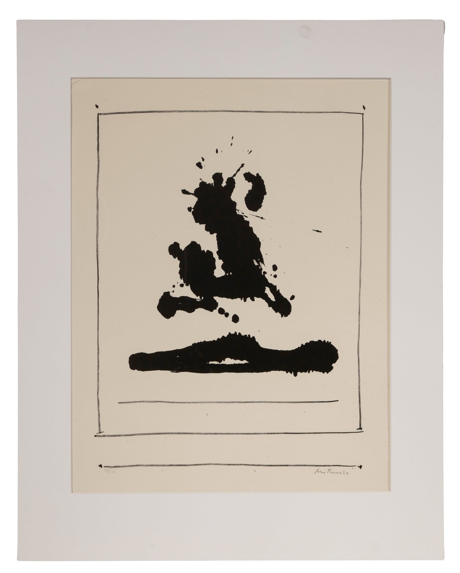 Robert Motherwell (American, 1915-1991) Lithograph: Robert Motherwell (American, 1915-1991) Lithograph 1966, pencil signed, #32/225, printed by Irwin Hollander, New York having blind stamp, an abstract on arches paper, in white mat, unframed Property f