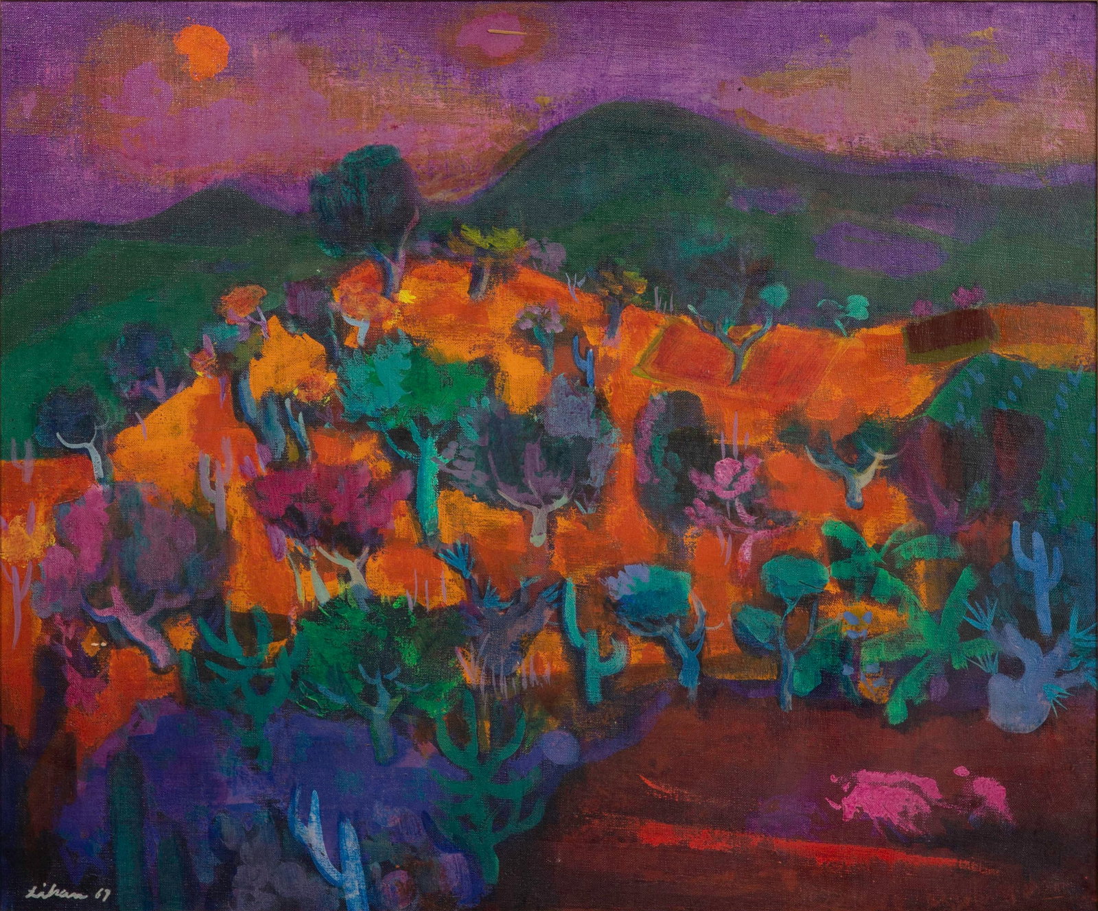 Gustav Likan (Yugoslavian, 1912-1998) Acrylic on Canvas: Gustav Likan (Yugoslavian, 1912-1998) Acrylic on Canvas 1967, signed, depicting a dense grouping of stylized trees and cacti in shades of teal, blue and emerald green, in a painted wood frame Property